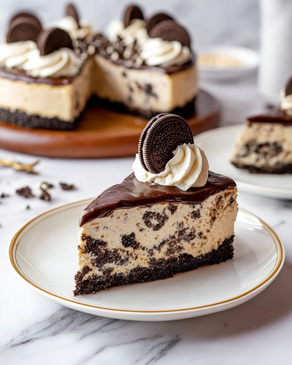 A slice of cookies and cream cheesecake sits on a white plate with a gold rim on a white marbled surface. The cheesecake has three layers: a dark chocolate cookie crumb crust at the bottom, a thick creamy middle layer speckled with dark cookie bits, and a smooth dark chocolate ganache topping. On top of the ganache is a swirl of white whipped cream, topped with a whole dark chocolate sandwich cookie standing upright. In the background, there is another slice on a plain white plate and a larger cheesecake on a wooden board, each decorated the same way. Photo taken with an iphone --ar 4:5 --v 7