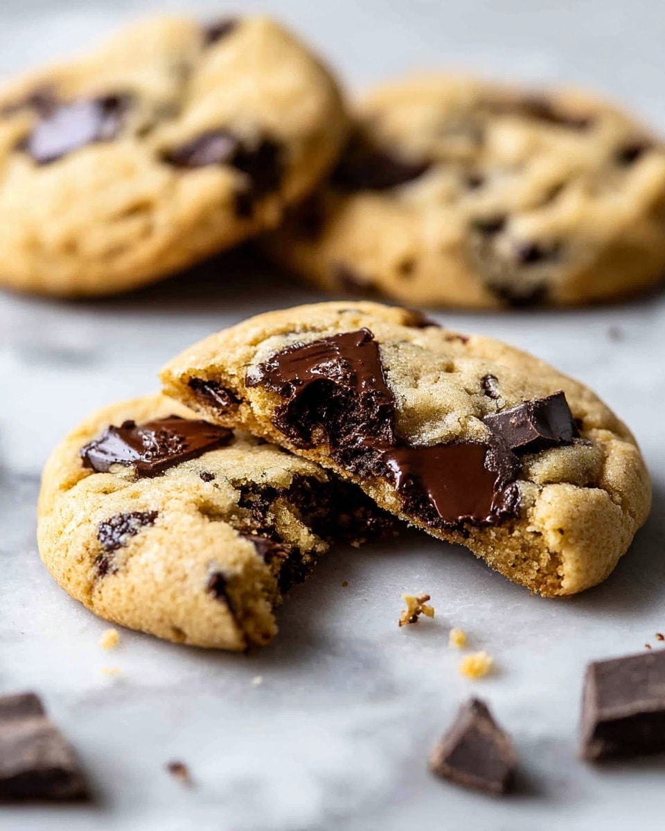 The image shows three chocolate chip cookies on a white marbled surface, with one cookie broken in half at the center showing melted, dark chocolate chunks inside. The cookies are golden brown with a slightly soft texture and scattered large chocolate pieces throughout. The broken cookie’s inside reveals gooey dark chocolate contrasts with the soft, light cookie dough, while the other two whole cookies blur softly in the background. Small bits of chocolate chunks are also scattered on the surface around the cookies. Photo taken with an iphone --ar 4:5 --v 7