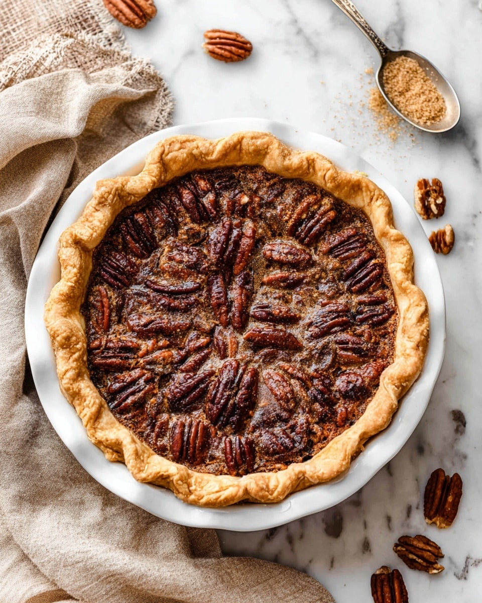 A pecan pie with a golden-brown, crimped crust around the edges in a white pie dish. The filling is a rich, dark brown with many shiny whole pecans arranged closely on top, showing their detailed texture and reddish-brown color. The pie sits on a white marbled surface with some loose pecans scattered nearby and a rustic silver spoon with brown sugar next to a beige cloth napkin. Photo taken with an iphone --ar 4:5 --v 7