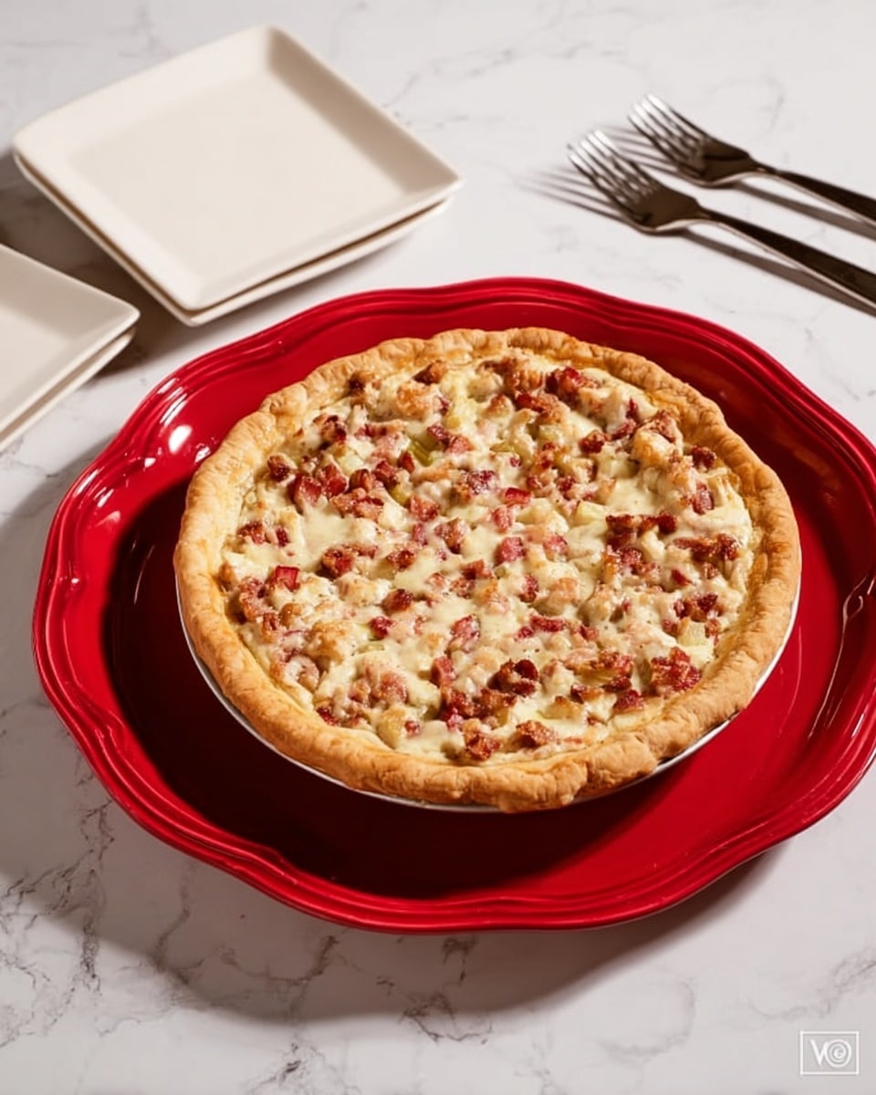 A round pie with a golden-brown crust, filled with small, uneven pieces of red and green fruit mixed with a creamy white filling. The pie sits on a bright red plate with scalloped edges, placed on a white marbled surface. To the right of the pie, there are two white square plates stacked and two silver forks lying next to them. The lighting is soft and natural, highlighting the textures of the crust and filling. Photo taken with an iphone --ar 4:5 --v 7