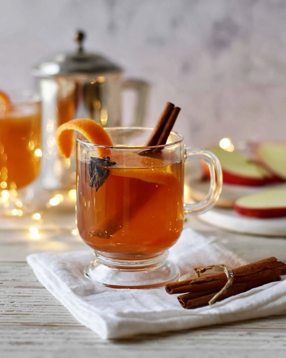 Two clear glass mugs filled with dark brown mulled drink are placed on a white folded cloth on a white marbled surface. Each mug has a slice of pale yellow apple floating near the top with a curved orange peel resting on the rim. There is a cinnamon stick inside each mug, partially submerged. Around the mugs lie thin white string lights glowing softly and some thin apple slices are placed nearby. In the background, part of a transparent bottle and a second cinnamon stick cross can also be seen. Photo taken with an iphone --ar 4:5 --v 7