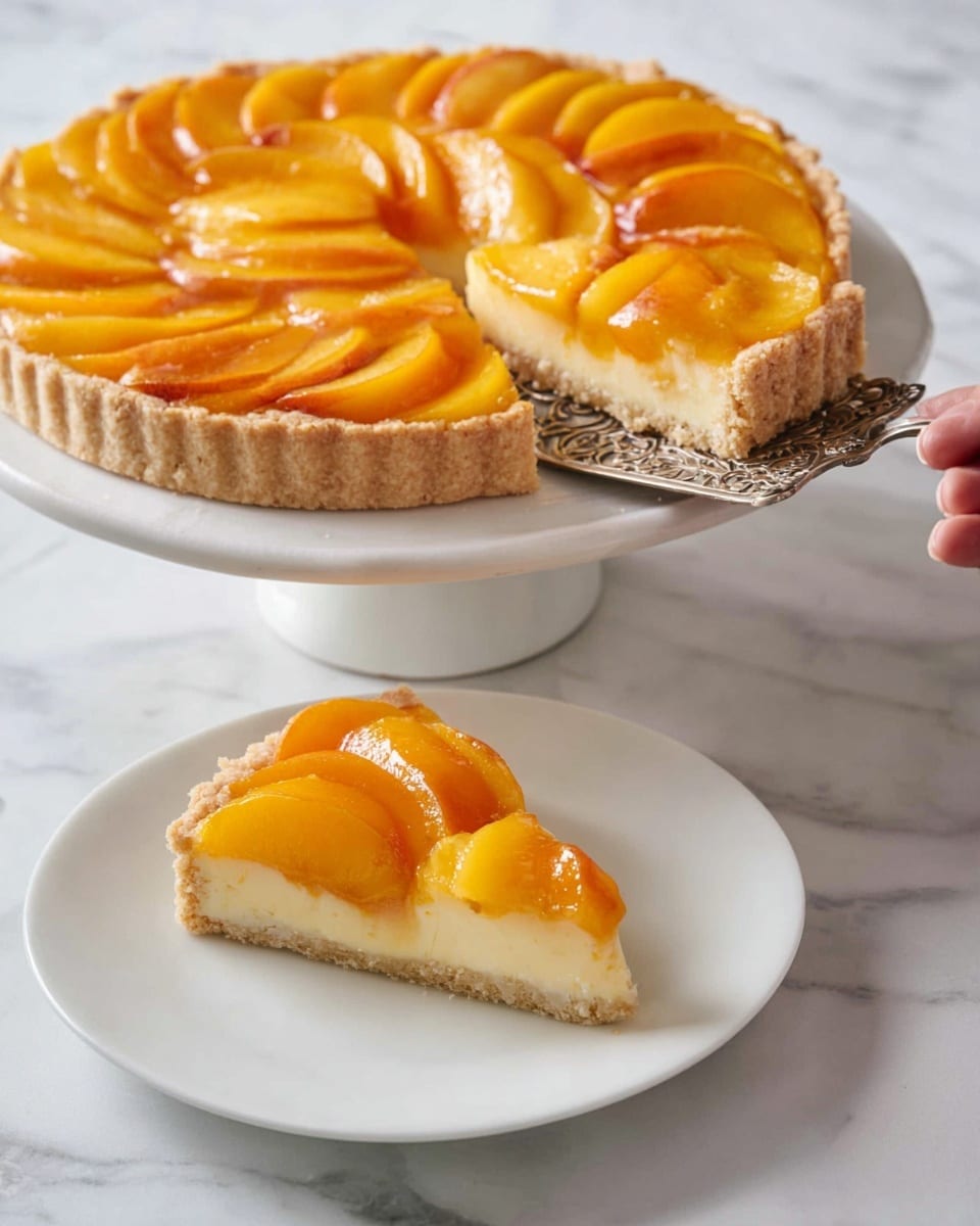 The image shows a peach tart with two visible layers on a white cake stand. The bottom layer is a light beige crust with a slightly crumbly texture, holding a creamy pale yellow filling layer above it. On top, thick, shiny peach slices with a bright orange color are carefully arranged in a circular pattern covering the entire tart. A single slice is served on a white plate in the foreground, showing the neat layers clearly, with the peach slices sitting on the creamy filling. The background is a white marbled surface, and an ornate silver pie server is lifting the slice, held by a woman's hand just off-frame. photo taken with an iphone --ar 4:5 --v 7