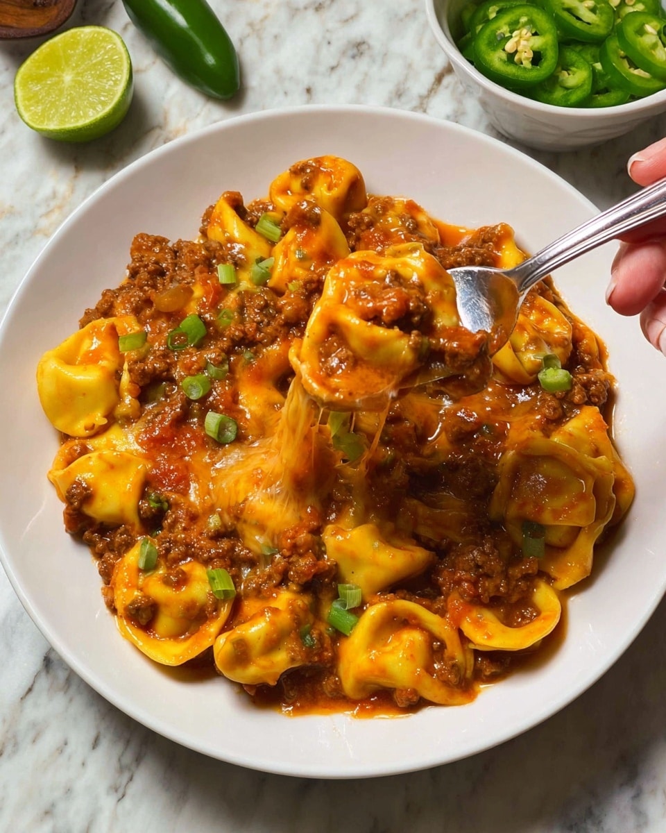 A white round plate is filled with a rich, saucy tortellini dish made of three main layers: the bottom layer is plump yellow tortellini pasta, the middle layer is a thick, chunky meat sauce with crumbled browned meat and small pieces of tomato, and the top layer is melted orange cheese, slightly stringy as a silver fork lifts a spoonful from the plate. Small pieces of chopped green onion are scattered across the dish for color contrast. In the background, a woman's hand holds the fork, and next to the plate is a small white bowl with green sliced peppers and half a green lime, all resting on a white marbled surface. photo taken with an iphone --ar 4:5 --v 7