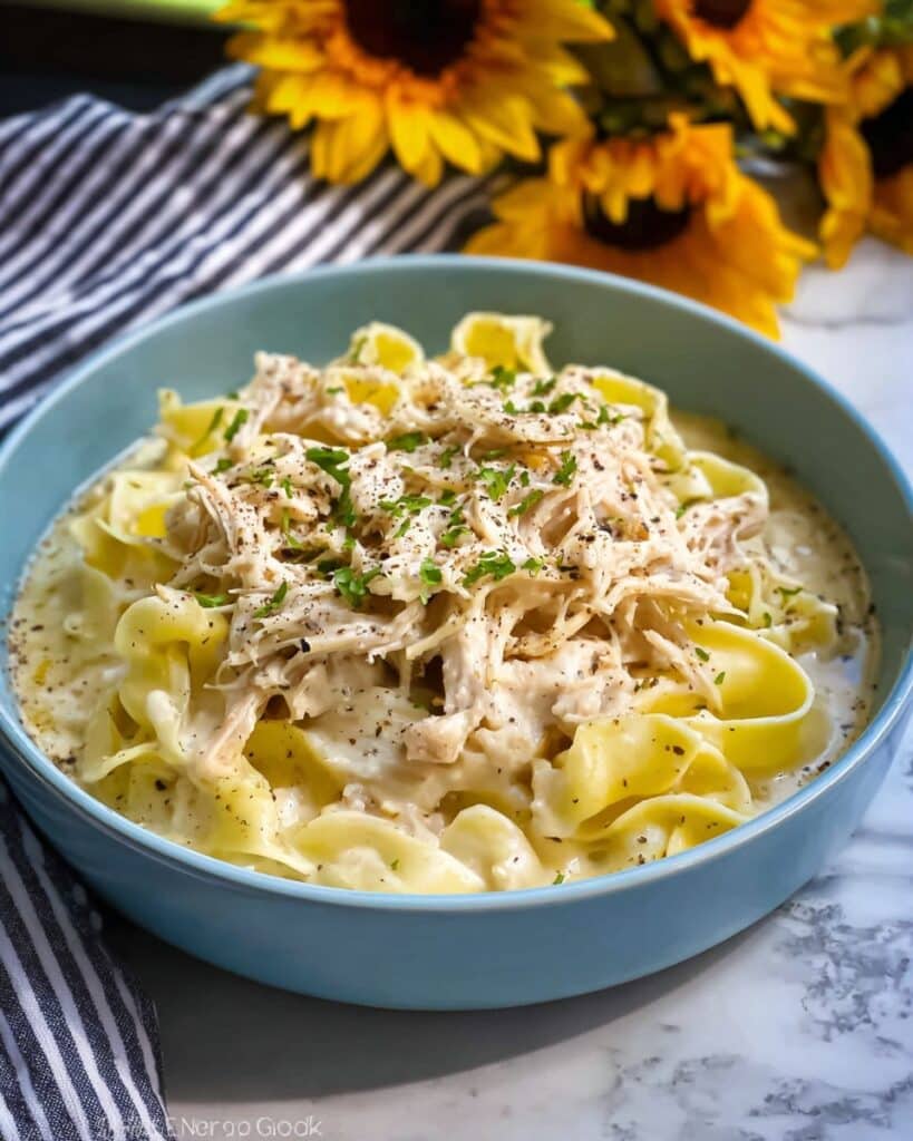 Creamy Chicken and Noodles over Mashed Potatoes Recipe