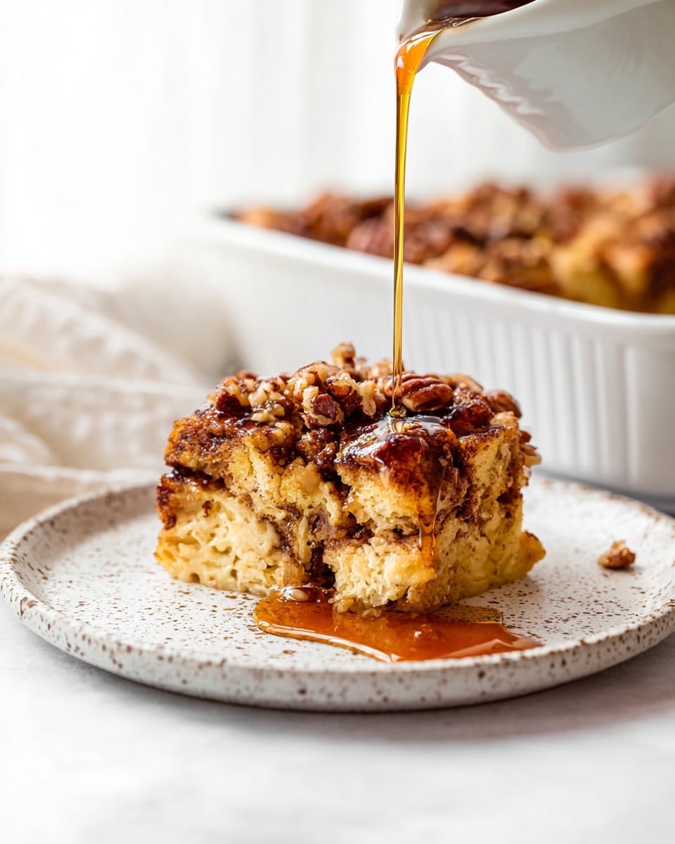 A thick slice of golden brown cinnamon swirl bread pudding sits on a white speckled plate, showing soft, light beige layers inside with a crumbly, darker brown topping of nuts and cinnamon sugar. A dark amber syrup pours over the top, flowing down the sides, adding shine and contrast. In the back, a white baking dish with more bread pudding is slightly out of focus. Everything is set on a white marbled surface with soft natural light creating a warm and inviting feel. Photo taken with an iphone --ar 4:5 --v 7
