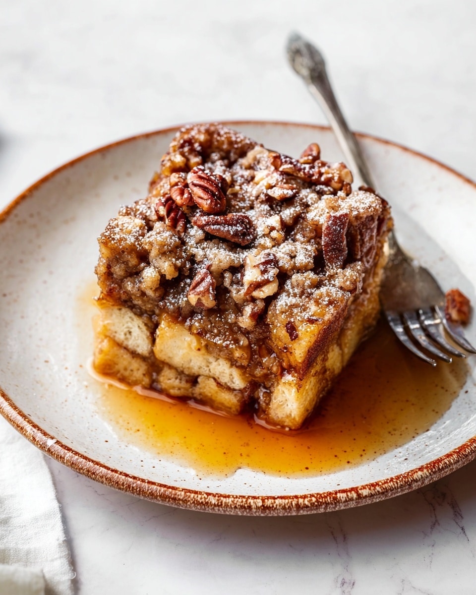 A square slice of bread pudding sits on a white plate with a brown speckled rim, soaked with amber syrup pooling around its base. The dish has three layers: a base of soft, golden bread cubes, a middle layer slightly darker and more compact, and a top thickly covered with a crumbly brown streusel mixed with walnut pieces and a pecan, dusted with a light powder of powdered sugar. A silver fork with a dark handle lies beside the slice, and the background is a white marbled texture. Photo taken with an iphone --ar 4:5 --v 7