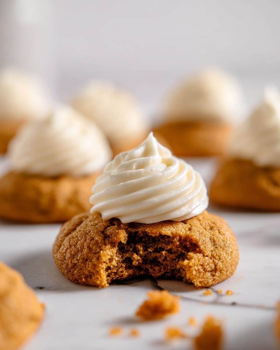 The image shows a group of soft, round cookies with a golden-brown color, each topped with a swirl of creamy white frosting that looks smooth and slightly thick. The cookies sit closely together on a white parchment paper placed on a silver-colored wire rack, with more cookies and crumbs scattered on the white marbled surface below. The texture of the cookies appears slightly rough and crumbly, contrasting with the smooth frosting on top. Photo taken with an iphone --ar 4:5 --v 7