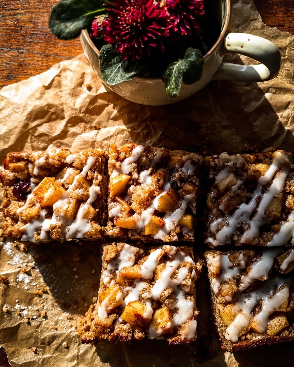 A close-up top view of four thick square apple cinnamon bars placed on crumpled brown parchment paper, each bar filled with small orange-brown apple pieces and topped with a light drizzle of white icing that adds a shiny texture. The bars have a crumbly, spiced brown base that contrasts with the soft, diced apple chunks embedded all over the surface. To the upper side, a small white cup holds dark green leaves and deep red flowers, sitting on a wooden table. Warm sunlight casts soft shadows across the scene, highlighting the texture of the apple bars, parchment, and flowers. Photo taken with an iphone --ar 4:5 --v 7
