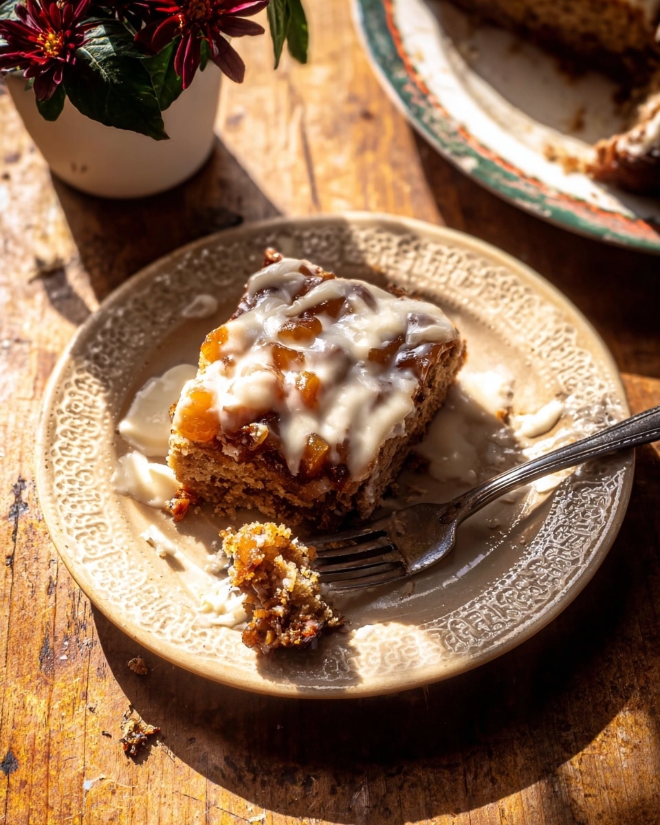 The image shows a slice of dessert with two visible layers on a beige plate with a delicate lace pattern. The bottom layer is a moist, brown cake base, topped with a chunky layer of cubed fruit in caramel tones covered in thick white icing that drips slightly onto the plate. A silver fork rests on the plate beside the dessert, partly touching a few crumbly pieces of the treat. The plate is set on a wooden surface with a soft shadow cast over part of the plate. In the background, there is a small white pot with dark red flowers and green leaves. Photo taken with an iphone --ar 4:5 --v 7