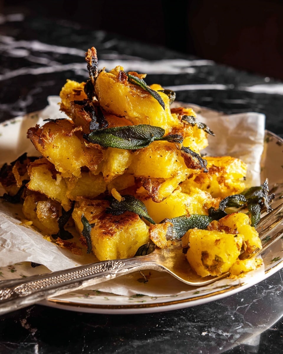 The image shows a pile of golden-yellow roasted potatoes with crisp, browned edges, mixed with dark green crispy sage leaves scattered throughout. The potatoes have a slightly rough texture and are layered in a loose mound on top of a sheet of parchment paper, which rests on a white plate with a delicate pattern along the rim. In the front, there is a fork with a speared potato piece and a sage leaf, lying on a dark textured surface that has been changed to a white marbled texture. The lighting highlights the shine and crispness of the potatoes. photo taken with an iphone --ar 4:5 --v 7