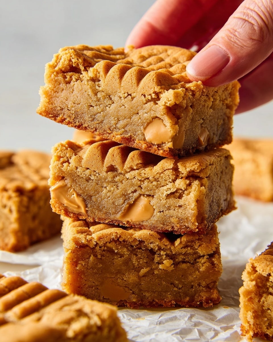 A stack of three thick, square blondies with a light golden-brown color and crumbly texture are shown; each blondie has a whole peanut butter cookie pressed into the top, featuring a darker golden color and a crisscross pattern, along with smaller cookie pieces embedded in the blondie batter. A woman's hand is holding the top blondie, lifting it slightly to show its dense, moist interior. The background is softly blurred with more blondies visible, resting on white parchment paper over a white marbled surface. Photo taken with an iphone --ar 4:5 --v 7