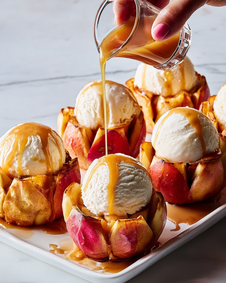 The image shows six baked apple cups placed close together on a long white plate, each apple is cut in thick petals that are pulled outward to create a flower-like shape. Inside each apple cup is a large, smooth white scoop of ice cream with visible vanilla specks. A golden caramel sauce is being poured from a small clear glass pitcher over one ice cream scoop, with caramel dripping down the sides of the ice cream and apple petals. The apples have a warm, cinnamon-spiced look with a mix of red and yellow skin. The background and surface are a white marbled texture, and a woman's hand holds the pitcher. photo taken with an iphone --ar 4:5 --v 7