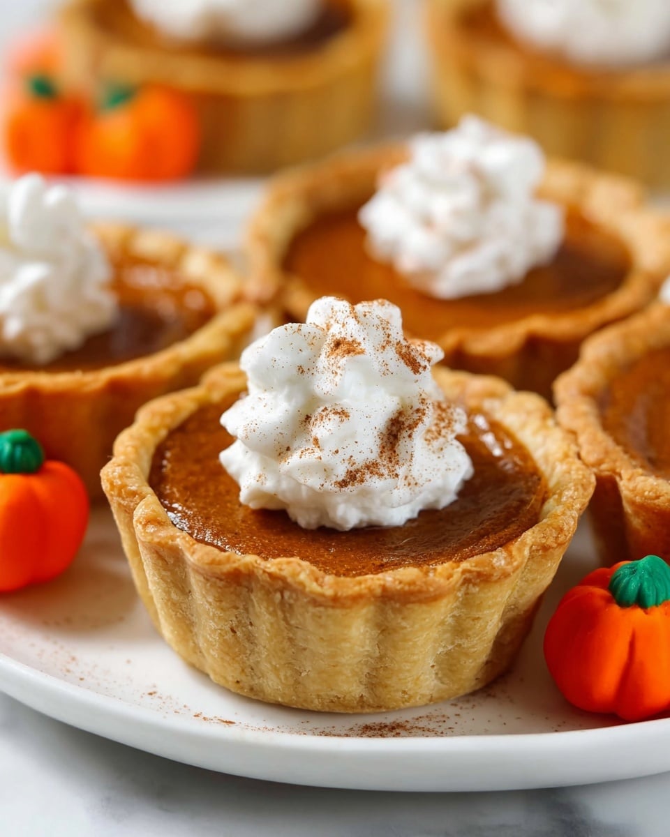 The image shows three small pumpkin pies in white tart shells with a golden brown color, filled with smooth orange pumpkin filling. Each pie has a swirl of white whipped cream on top, sprinkled lightly with brown spice powder. Around the pies are small candy pumpkins with bright orange and green colors, all placed on a white marbled surface. In the background, two cinnamon sticks add a warm brown tone and texture to the scene. photo taken with an iphone --ar 4:5 --v 7