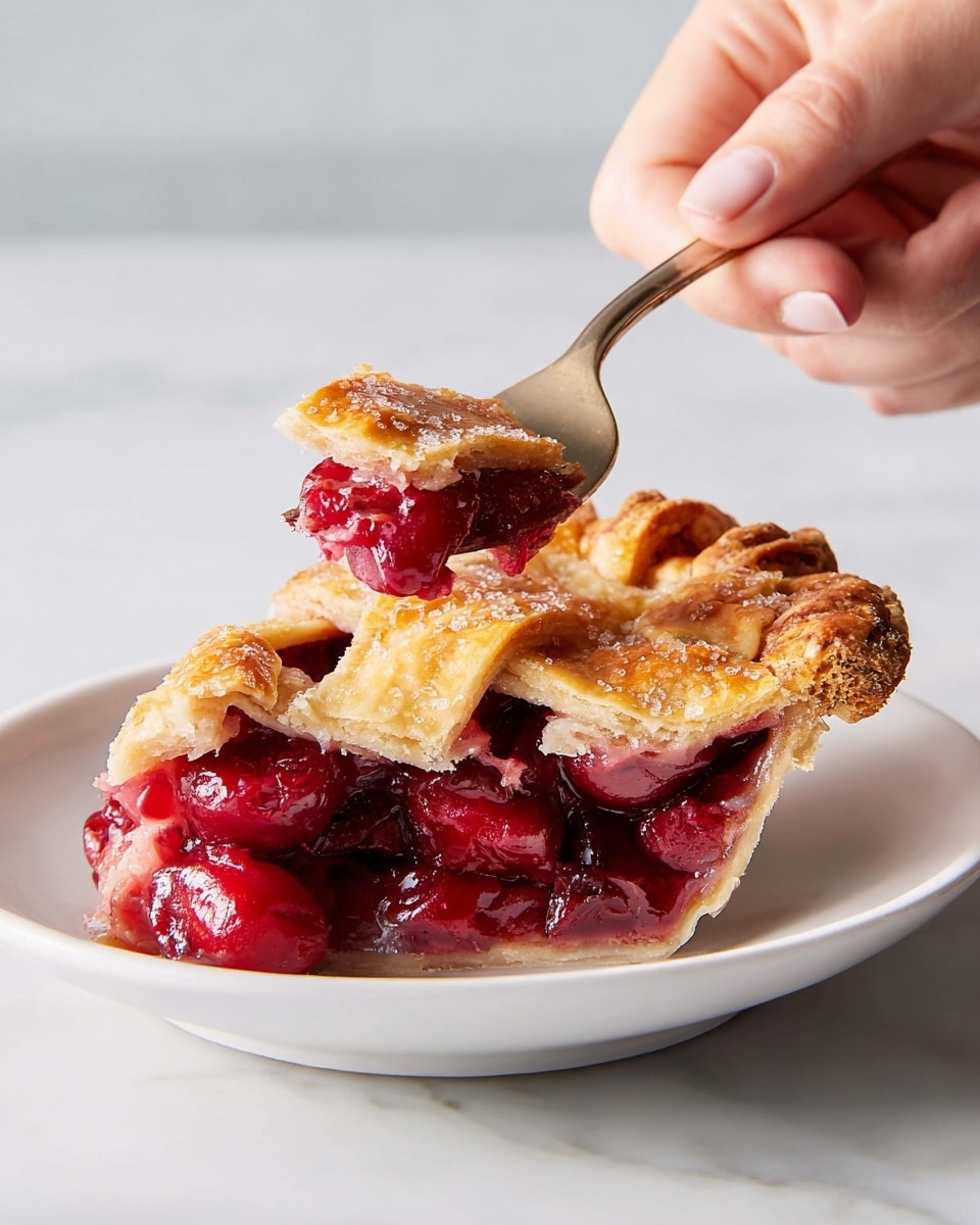A slice of cherry pie sits on a white plate with a golden-brown, crispy lattice crust on top, showing sugar crystals scattered for texture. Underneath the crust is a thick layer of shiny, deep red cherry filling mixed with chunks of fruit. The pie's bottom crust is light and flaky, holding the filling well. A woman's hand holds a fork that lifts a piece of the pie, showing the contrast between the crust and juicy fruit inside. The background has a soft white marbled texture. photo taken with an iphone --ar 4:5 --v 7