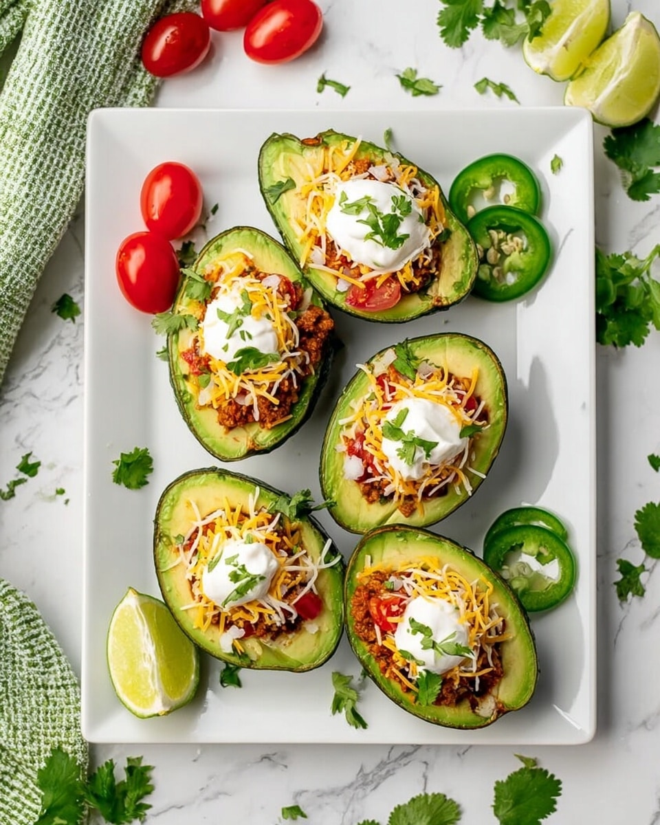 Four avocado halves are placed on a square white plate on a white marbled surface. Each avocado half has a base layer of avocado green flesh, filled with a mixture of reddish-brown filling and small red cherry tomato pieces. On top, there is a sprinkle of shredded white and yellow cheese, followed by a dollop of white sour cream and small green cilantro leaves scattered over each half. Around the plate, there are lime wedges, halved cherry tomatoes, two green jalapeño slices near the top, and cilantro sprigs, enhancing the colors and freshness. A checkered green and white cloth is partially visible on the left side. Photo taken with an iphone --ar 4:5 --v 7