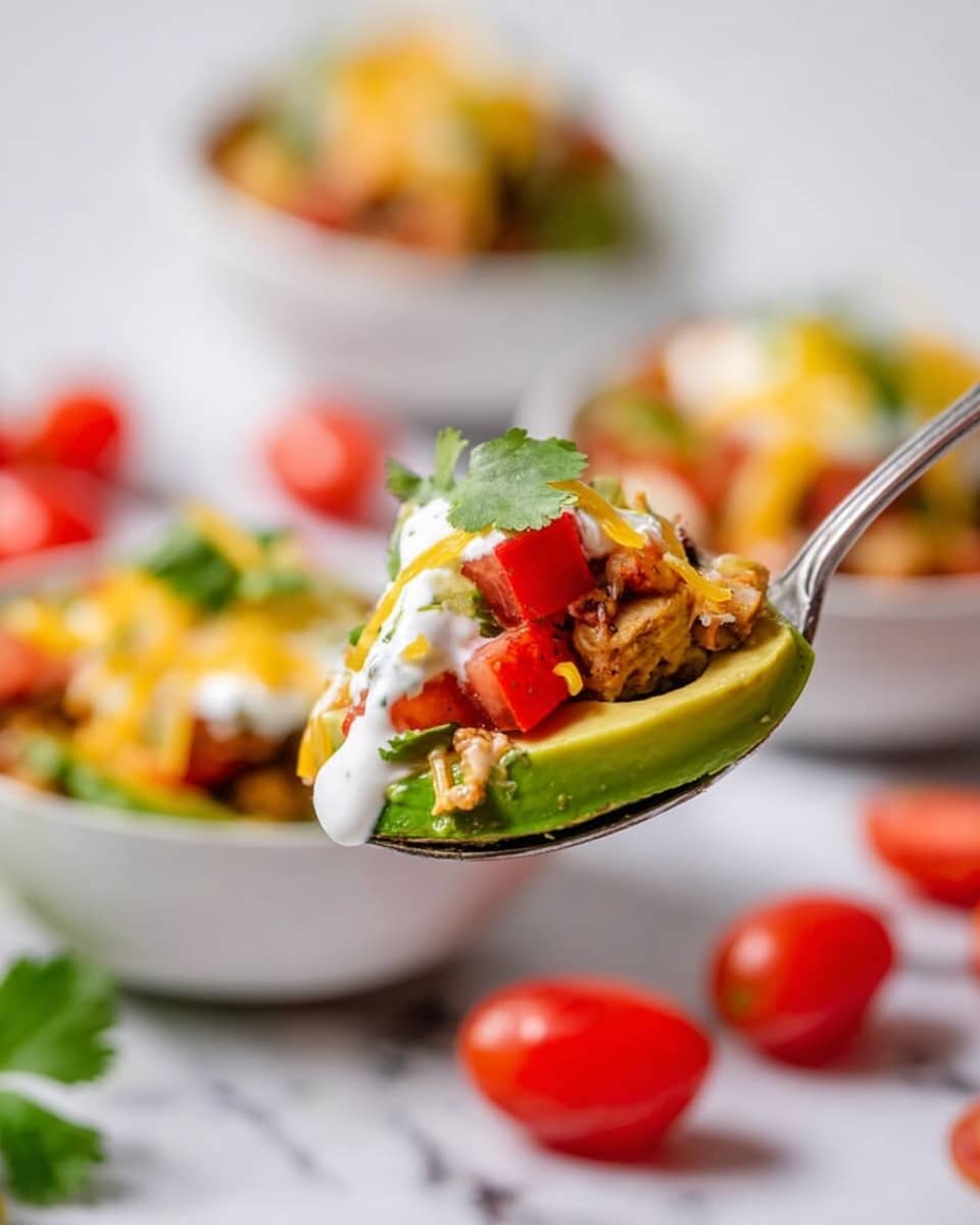 Two avocado halves filled with a layered mix of ingredients sit on a white marbled surface. Each half has a base of green avocado flesh with a textured surface. Inside, there is a layer of small brown chunks of cooked meat or tofu, topped with bright red halved cherry tomatoes, shredded white cheese, and a dollop of smooth white sour cream. Some green cilantro leaves are scattered on top, adding a fresh color contrast. In the background, there is a second avocado half with similar fillings and a halved cherry tomato off to the side. A woman's hand with light skin is gently holding one of the avocado halves. The photo taken with an iphone --ar 4:5 --v 7