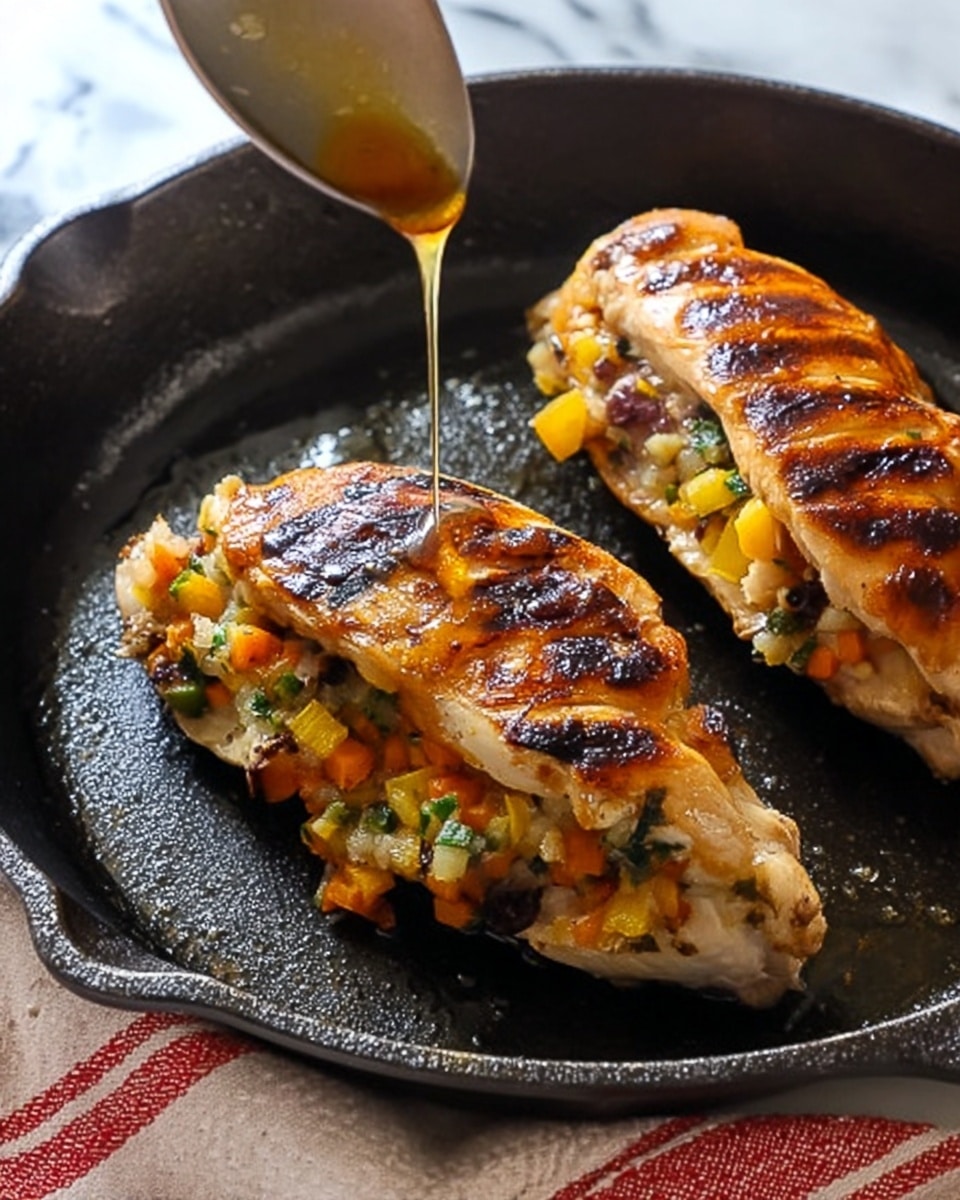The image shows two stuffed chicken pieces cooking in a black cast iron pan. Each chicken piece has a golden brown, slightly shiny top layer from the cooking, with visible grill marks and caramelized spots. Inside the chicken, there is a colorful filling layer made of small diced vegetables in shades of orange, yellow, green, and purple giving a mixed texture. A spoon held by a woman's hand is drizzling a glossy sauce over the chicken. The background has a white marbled texture with a red and white striped cloth beside the pan. photo taken with an iphone --ar 4:5 --v 7
