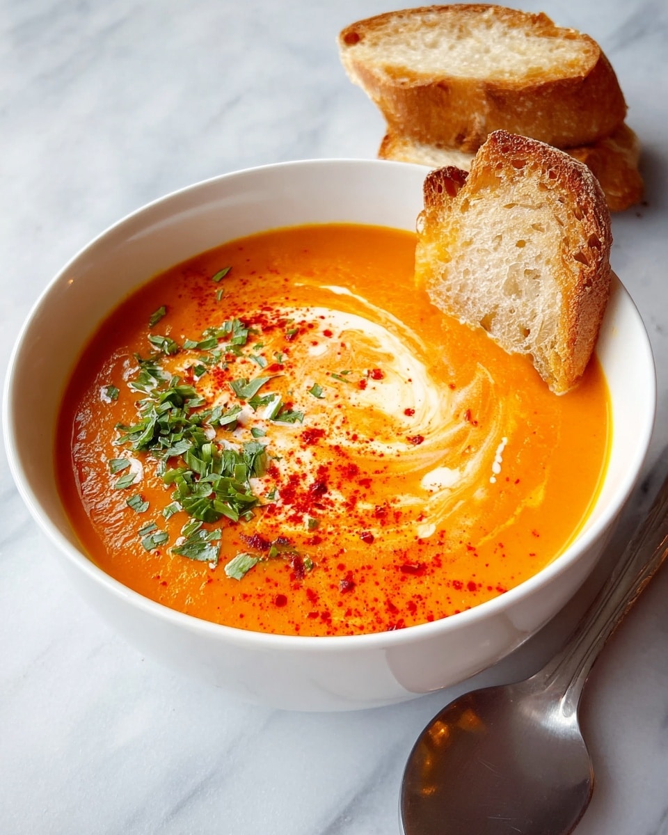 A white bowl filled with smooth orange soup, topped with a swirl of white cream across the surface. There is a sprinkle of bright red spice and chopped green herbs on one side of the soup. On the edge of the bowl, a piece of golden-brown bread is placed. Behind the bowl, two more pieces of bread are stacked. The bowl and bread sit on a white marbled surface with a silver spoon to the right of the bowl. Photo taken with an iphone --ar 4:5 --v 7