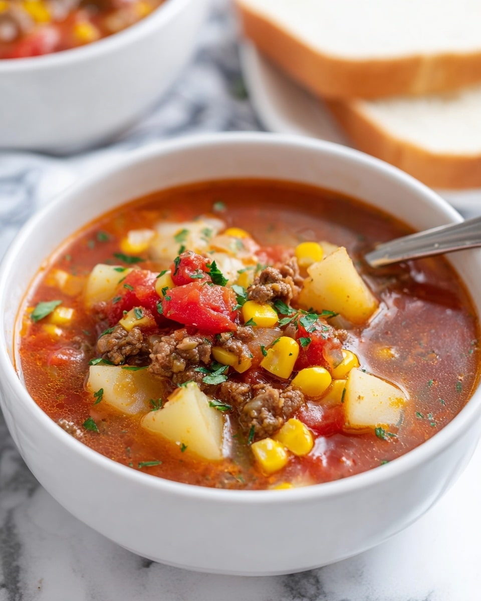 A white bowl filled with a colorful soup showing three main layers: the clear reddish broth at the bottom, a middle layer containing chunky pieces of brown meat, yellow corn kernels, and diced white potatoes, and a top layer of red diced tomatoes and small green herb leaves scattered on top. A silver spoon sticks out from the bowl on the right side. The bowl sits on a white marbled surface, and behind it, there are two slices of white bread blurred in the background. Photo taken with an iphone --ar 4:5 --v 7