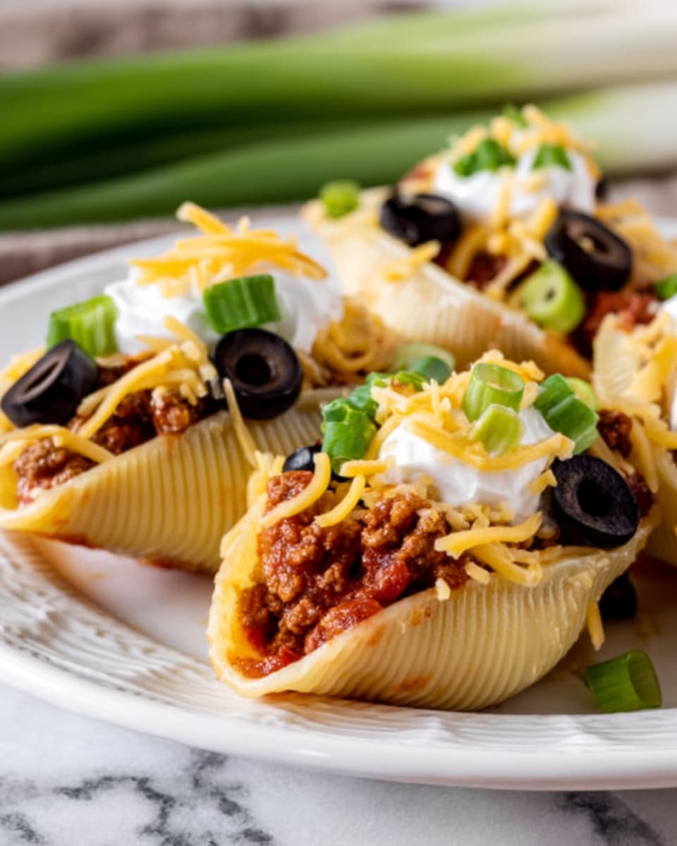 The image shows a white plate with three large pasta shells filled with a mix of ground meat and red sauce. Each shell is topped with shredded yellow cheese, black olive slices, sour cream, and chopped green onions. The colors are rich and vibrant, with the red sauce and green onions contrasting against the pale pasta shells and white plate. In the background, there is a white marbled surface and some green onions are softly blurred. Photo taken with an iphone --ar 4:5 --v 7