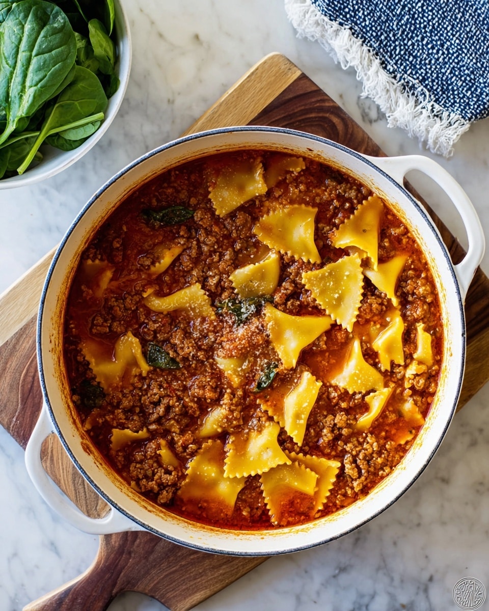 A white round pot filled with a thick stew showing two main layers: the bottom layer is a rich red tomato sauce with ground meat, and the top layer has flat, uneven yellow pasta sheets with ruffled edges scattered throughout. The pot rests on a wooden board with a long handle, all placed on a white marbled surface. In the top left corner, there is a partial view of a white bowl filled with fresh green spinach leaves, and a blue and white towel is partially visible in the top right corner. Photo taken with an iphone --ar 4:5 --v 7