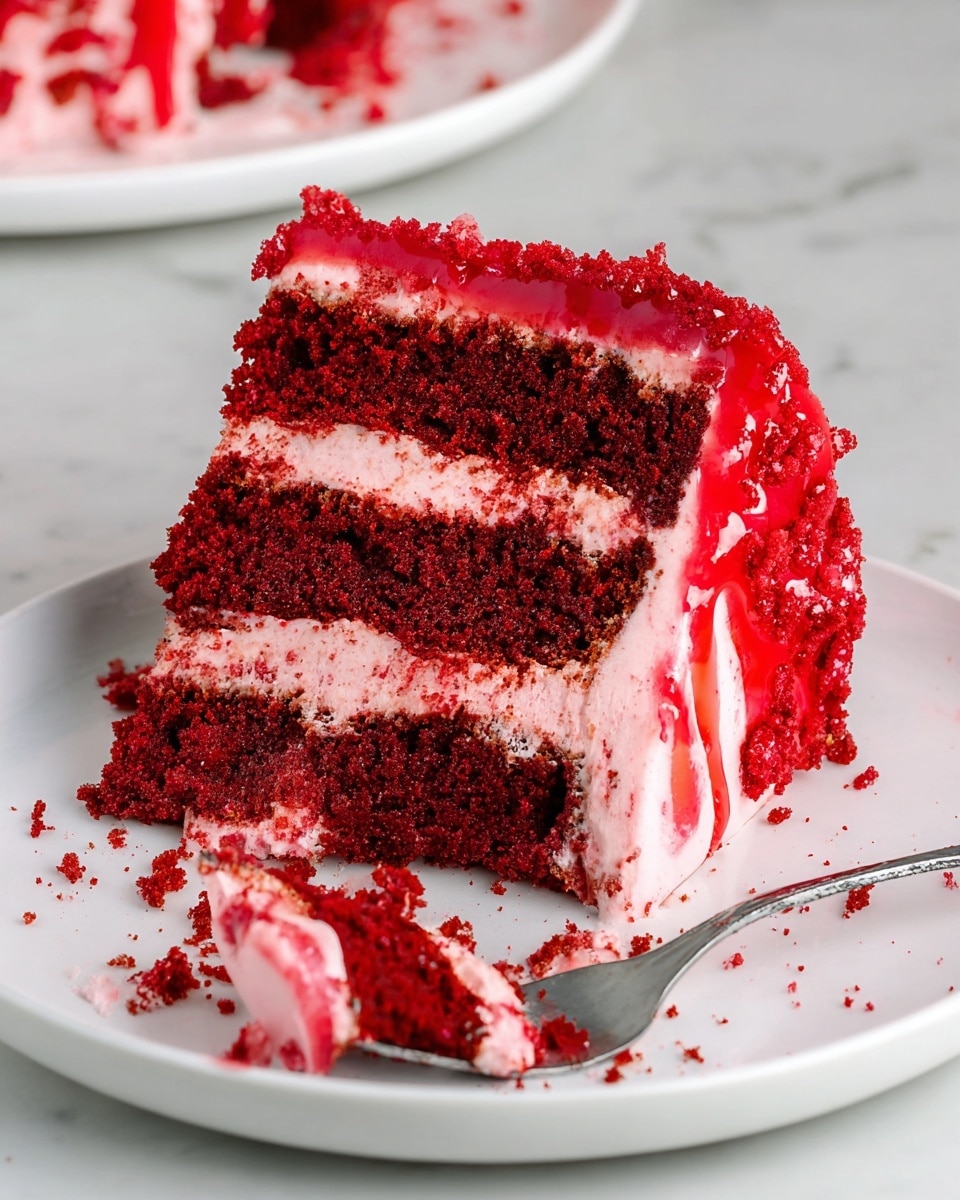 A slice of red velvet cake with three layers, each cake layer is deep red with a soft, crumbly texture. Between the cake layers are smooth, light pink cream frosting layers. The cake is topped and coated on the sides with the same pink frosting, with some red crumbs sticking to it. The slice is placed on a white plate that sits on a white marbled surface. A small piece of cake on a silver fork is in front of the slice, with some crumbs scattered around. Photo taken with an iphone --ar 4:5 --v 7