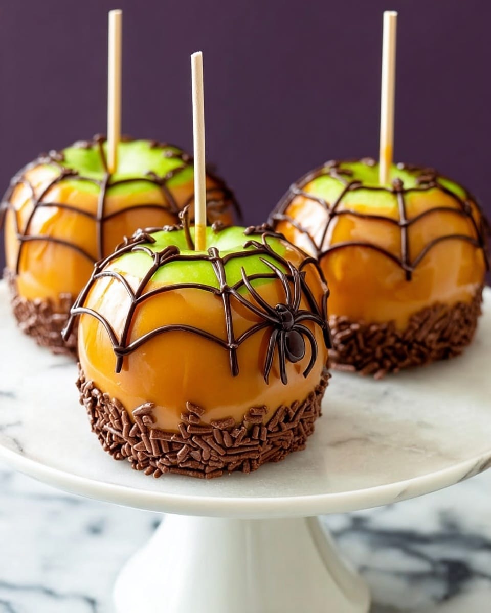 Three shiny caramel apples sit on a white cake stand with a smooth surface, placed on a white marbled background. Each apple has a light orange caramel coating with a bright green area near the wooden stick on top. Dark brown chocolate lines create a spider web pattern around each apple, and one apple has a small chocolate spider on the side. The bottom part of each apple is dipped in dark brown chocolate sprinkles, giving a rough texture that contrasts with the smooth caramel. Photo taken with an iphone --ar 4:5 --v 7