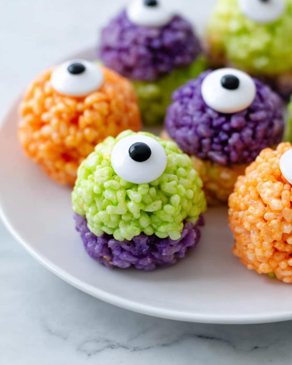 The image shows colorful round snack balls shaped like monsters with one big eye on top. Each ball is made of three layers: a bumpy, crispy rice base layer in bright colors like green, purple, and orange, a flat white circular layer on top representing the white part of the eye, and a small black circular layer in the center as the pupil. These monster balls are placed on a white plate, set on a white marbled surface. Photo taken with an iphone --ar 4:5 --v 7