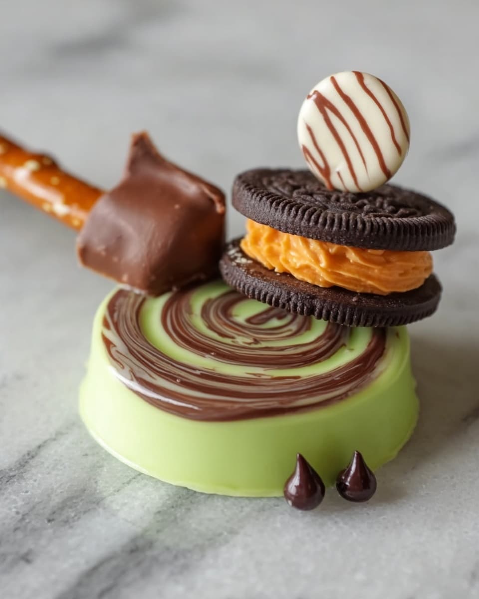 A small round flat layer of light green chocolate forms the base, topped with swirled dark brown chocolate in the middle. On the left side, a pretzel stick is attached to a small round dark brown chocolate, mimicking a mallet shape. At the top right, a sandwich cookie with dark brown outer layers and a bright orange cream inside is stacked, topped with a white round candy that has light brown stripes. A few tiny dark chocolate drops are scattered near the sandwich cookie on the green base. The whole scene is on a white marbled surface. photo taken with an iphone --ar 4:5 --v 7