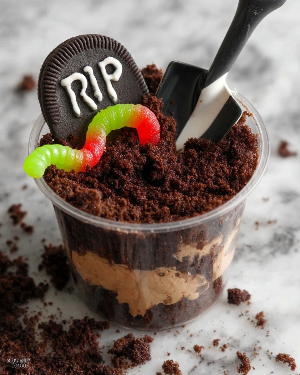 A clear cup filled with layers showing a dark brown crumbly soil-like layer on top, decorated with two colorful gummy worms, one red and one greenish-yellow, positioned near the rim. A round cookie designed like a small tombstone with the letters