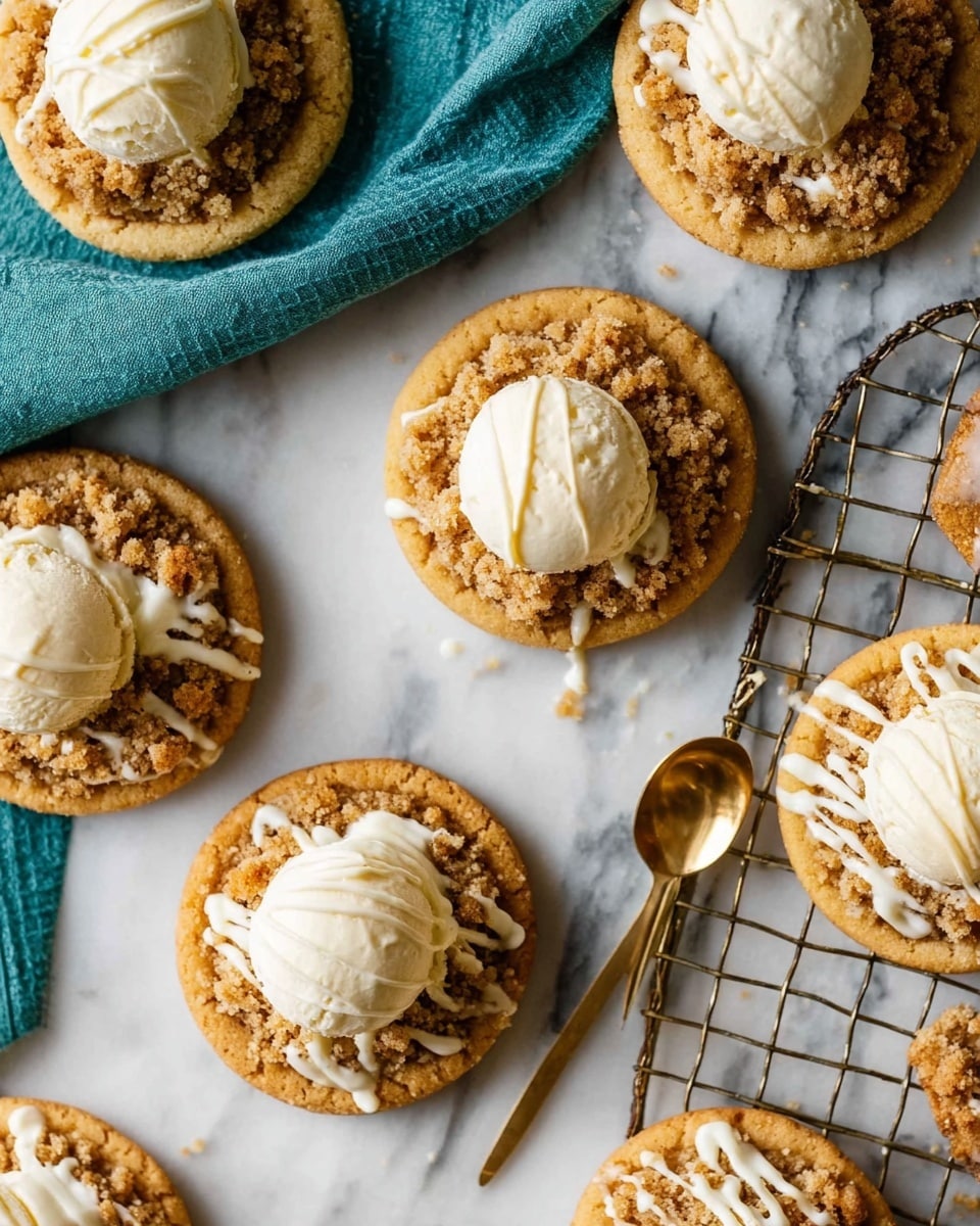 The image shows several small round cookies with three visible layers: the base is a light golden cookie, the middle layer is a crumbly streusel topping in light brown, and the top layer is a small scoop of white vanilla ice cream with white icing drizzled over it. Some cookies are placed directly on a white marbled surface, and others sit on a round wire cooling rack with a teal cloth under it. A woman's hand is not visible in this image. A shiny gold spoon rests nearby on the marble. photo taken with an iphone --ar 4:5 --v 7