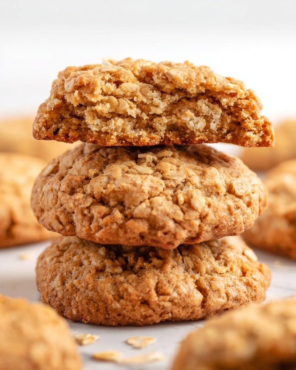 The image shows a close-up of a stack of three oatmeal cookies. The bottom two cookies are whole, thick, and have a rough, crackled texture with visible oats, giving a warm light brown color. The top cookie is broken in half and placed with the broken sides facing outwards, revealing a soft, crumbly inside filled with oats, showing a mix of light and darker brown tones and a moist texture. Around the stack, other whole cookies are scattered slightly out of focus against a white marbled surface. The lighting is bright and natural, highlighting the texture and color of the cookies clearly. photo taken with an iphone --ar 4:5 --v 7