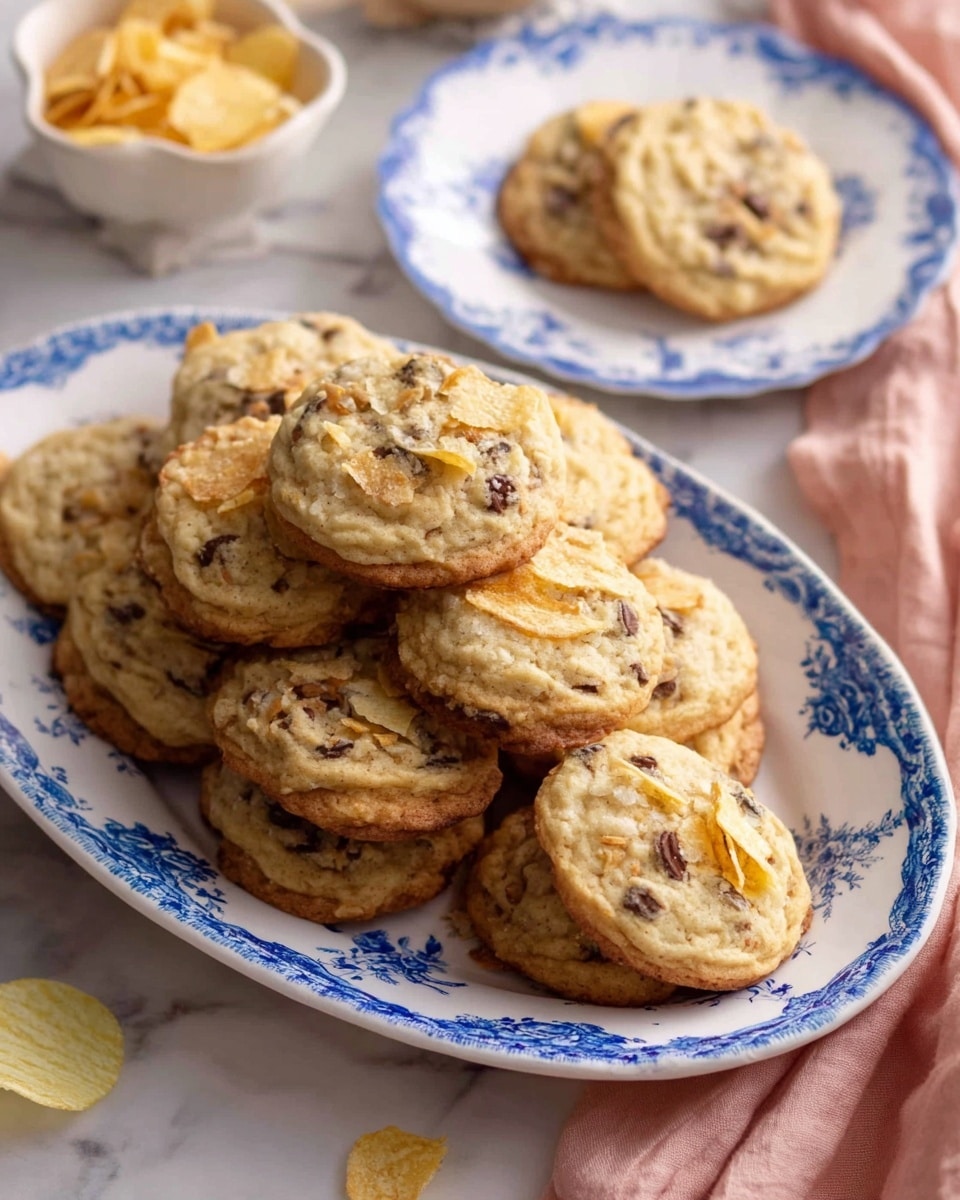 A stack of soft, round cookies with a light golden brown color filled with dark chocolate chips and thin potato chip pieces spread on top and mixed throughout. The cookies sit piled on a white oval plate with a blue floral design around the edge. The plate is placed on a white marbled surface with some potato chips scattered around. A second small white plate with the same blue floral pattern holds a single cookie and is partly visible in the background. A soft pink cloth drapes beneath the plates. photo taken with an iphone --ar 4:5 --v 7