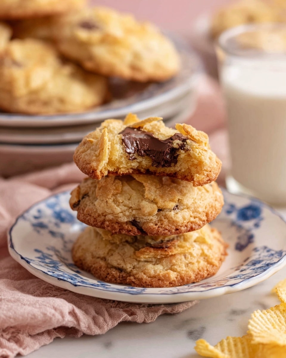 A small stack of three thick, golden brown cookies sits centered on a white plate with blue floral patterns. The top cookie has a bite taken out, showing a dark chocolate center with chunks visible. The cookies have a rough, crumbly texture with pieces of ridged potato chips embedded throughout. The plate is placed on a light pink cloth with a soft, white marbled surface underneath. In the background, slightly blurred, a plate holds more cookies and next to it is a clear glass filled with white milk. Some ridged potato chips are partially visible at the bottom right corner. Photo taken with an iphone --ar 4:5 --v 7