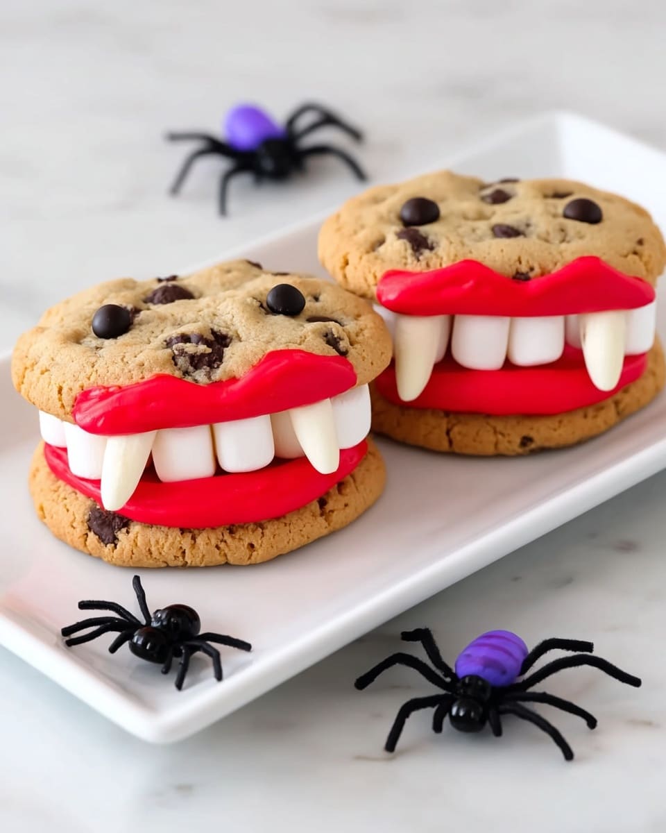 Two cookie sandwiches shaped like a cartoon mouth sit on a white rectangular plate on a white marbled surface. Each sandwich has two soft chocolate chip cookie layers on top and bottom, colored light brown with dark chocolate spots. Between the cookies, there are two thick bright red frosting layers forming lips. Inside the frosting lips, a row of six large, white marshmallows looks like teeth, with two pointed almond slices placed as fangs on either side. On the plate near the cookies, there are two plastic spiders—one black and one purple. Photo taken with an iphone --ar 4:5 --v 7