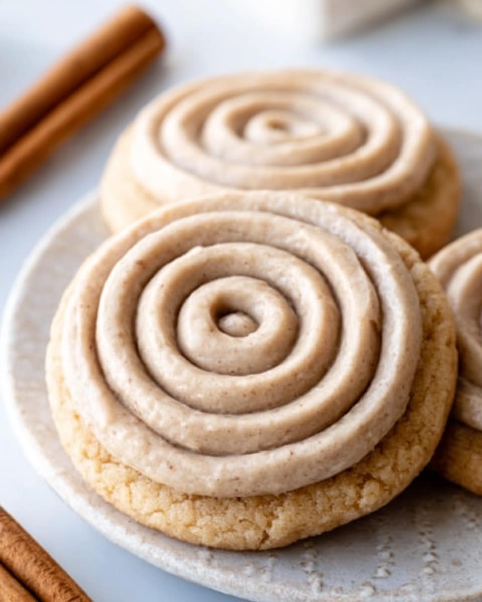A round cookie with a bite taken out of it sits on a black cooling rack over a white marbled surface. The cookie has a light beige color and a soft, slightly crumbly texture. On top, there is a thick spiral layer of creamy, light brown frosting with a smooth, slightly shiny texture and tiny specks that add a touch of texture. In the blurred background, there are cinnamon sticks and some white cloth, suggesting a cozy setting. Photo taken with an iphone --ar 4:5 --v 7