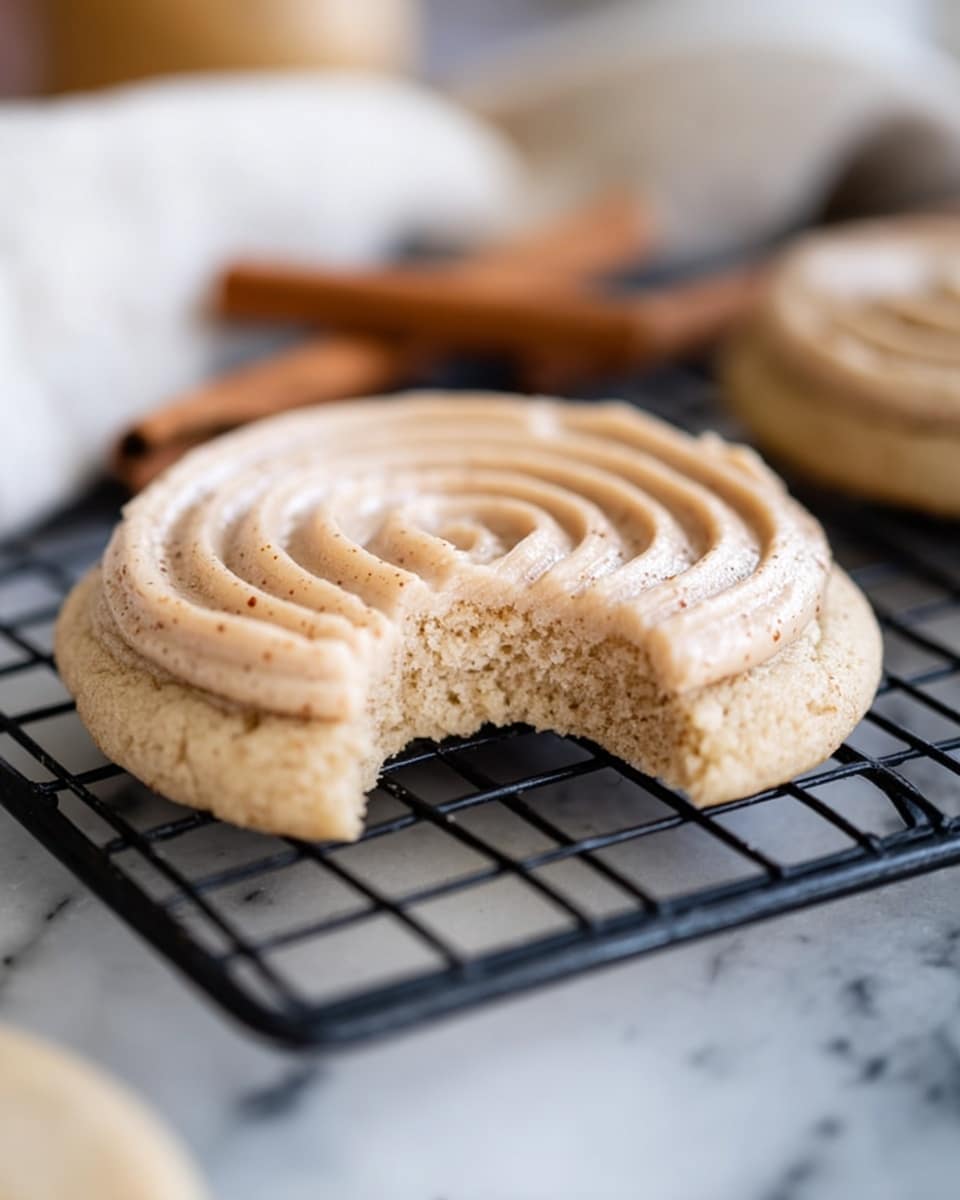 The image shows three round cookies on a white plate with faint patterns, placed on a white marbled surface. The cookies have a light golden-brown base layer that looks soft with a crumbly texture. On top of each cookie is a smooth, thick spiral layer of light brown frosting, evenly piped in a circular pattern from the center outward. The frosting appears creamy with a slight grainy texture. To the left side of the plate, there are two cinnamon sticks lying flat, adding a warm tone and hinting at the cookie’s flavor. Photo taken with an iphone --ar 4:5 --v 7