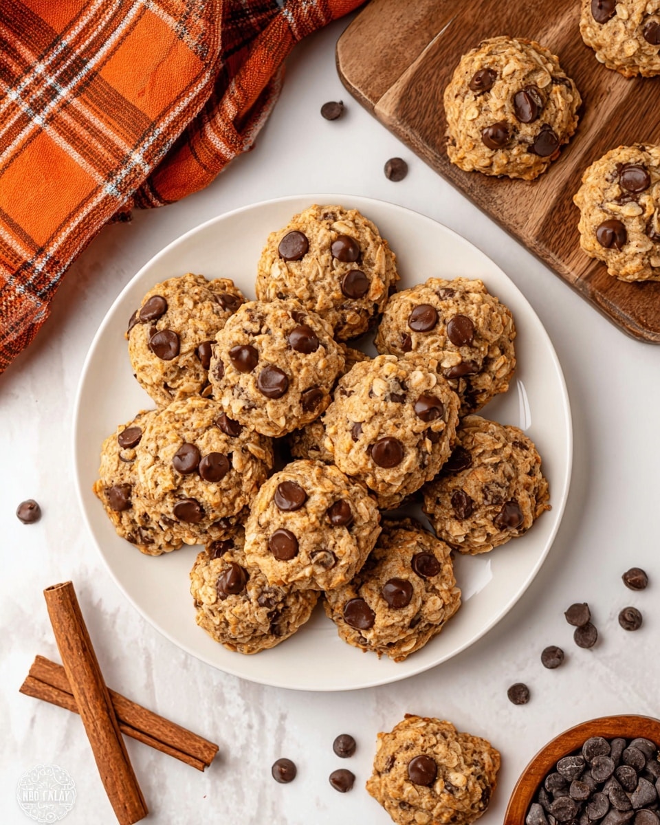 A round white plate is full of soft oatmeal cookies with a rough textured surface showing oatmeal flakes and dark brown chocolate chips mixed inside and scattered on top. The cookies are a light brown color, clumped together in layers, some slightly overlapping. Around the plate, a few loose chocolate chips and a single cookie sit on a wooden board placed on a white marbled surface. In the blurry background, an orange and white striped cloth and cinnamon sticks add a warm color contrast. Photo taken with an iphone --ar 4:5 --v 7
