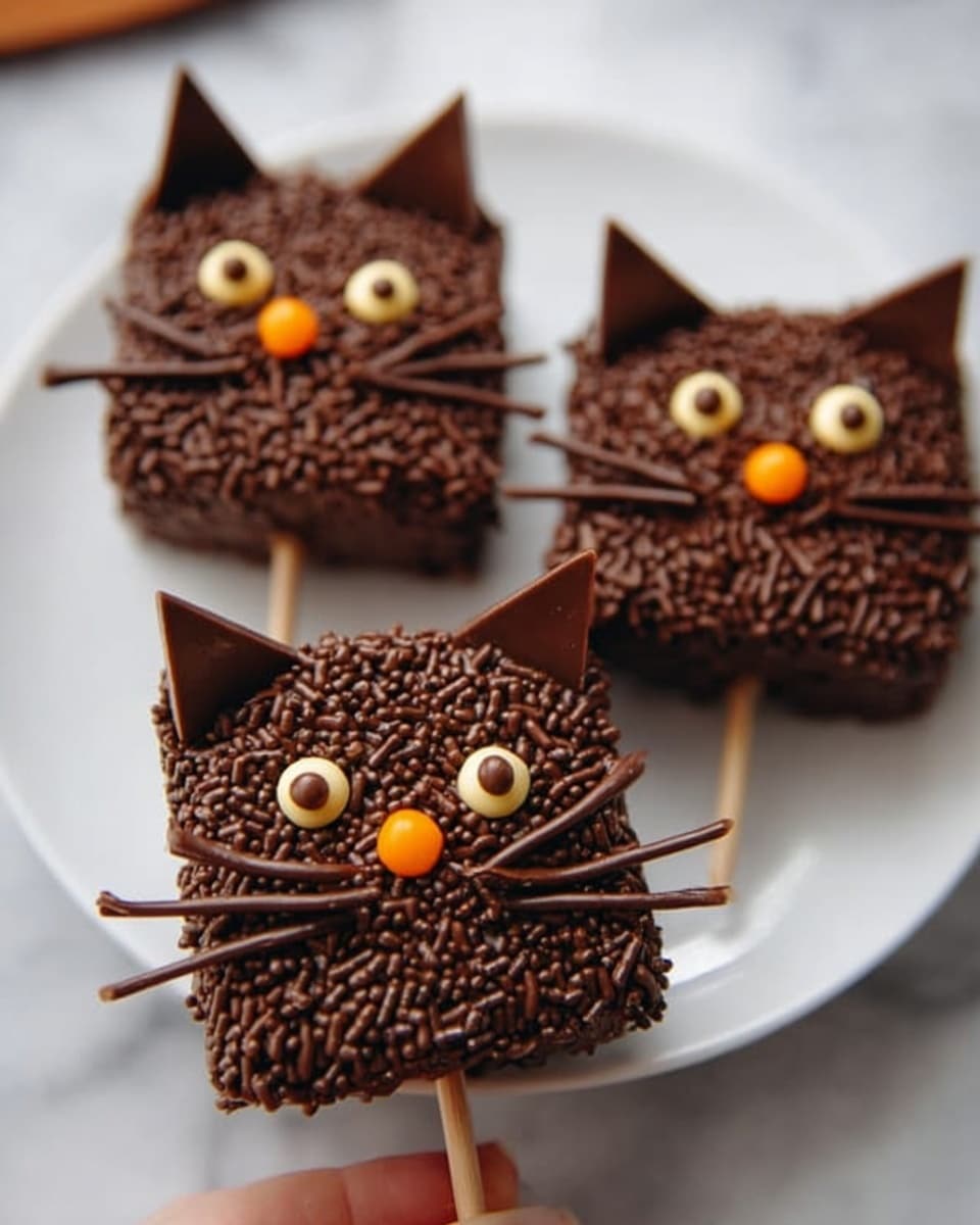 The image shows three square-shaped chocolate treats designed to look like cats, placed on a white plate on a white marbled surface. Each treat is fully covered with dark chocolate sprinkles on top. The cat faces have two small orange-yellow candy circles for eyes, each marked with a thin brown line for pupils. The noses are small round orange candies placed in the middle near the bottom. Thin chocolate sticks form the whiskers around the nose. Two triangular chocolate pieces are positioned on the top edges of each treat to look like cat ears. One treat is being held by a woman's hand using a wooden skewer stuck into it. Photo taken with an iphone --ar 4:5 --v 7
