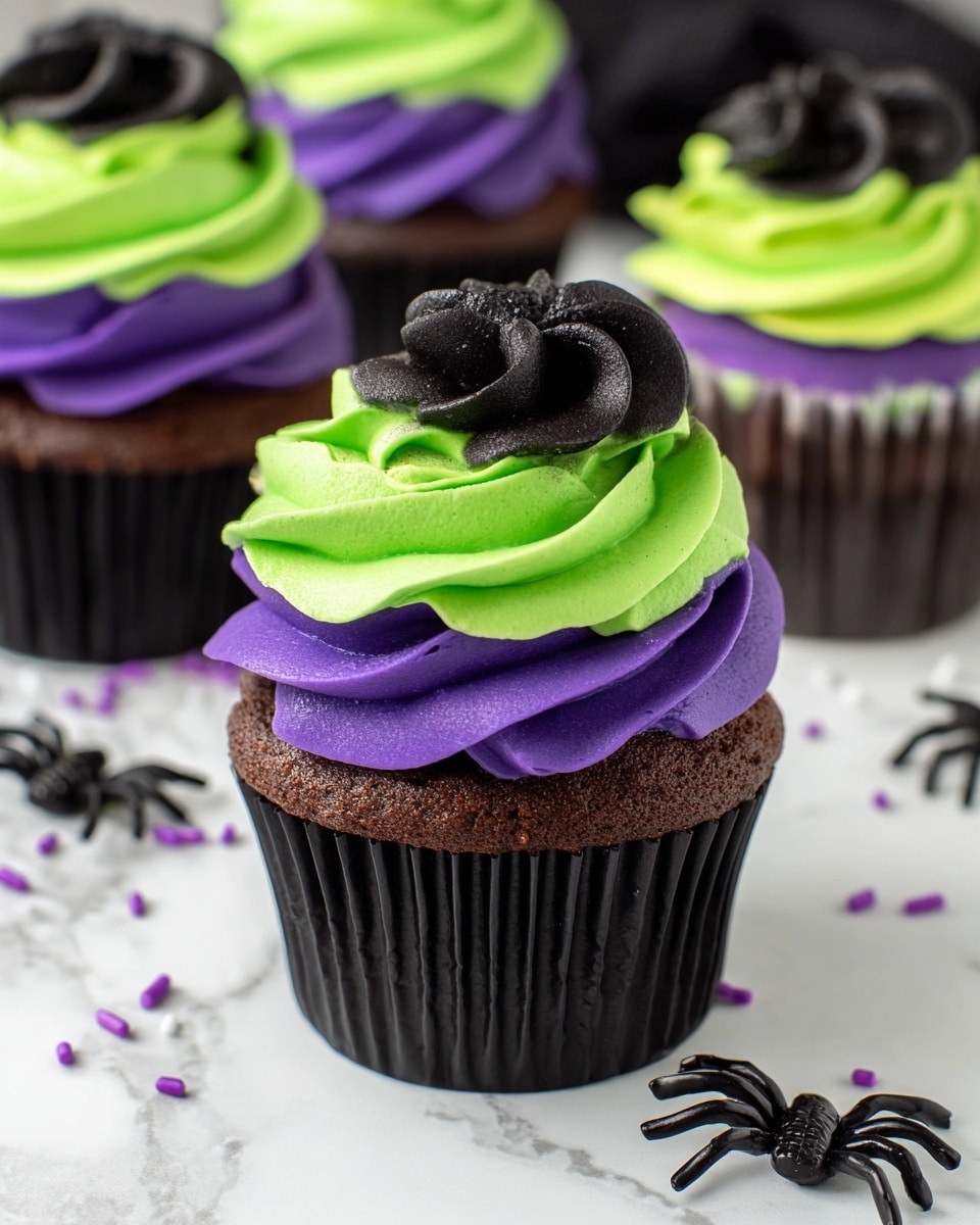 The image shows a chocolate cupcake in a black liner on a white marbled surface. The cupcake has three layers of frosting swirled on top: a thick bottom layer of purple, a middle layer of bright green, and a small top layer of black, all with a smooth, creamy texture shaped into rounded swirls. Around the cupcake, there are small purple sprinkles scattered and two decorative black spiders adding to a Halloween theme. In the background, there are more cupcakes with the same frosting colors, slightly out of focus. photo taken with an iphone --ar 4:5 --v 7