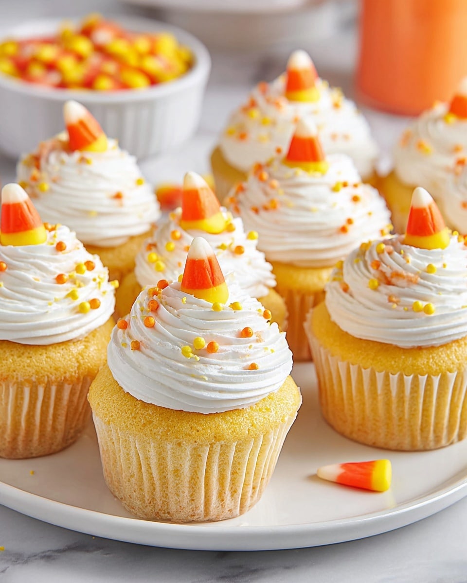 A group of orange cupcakes with a light, fluffy texture sitting on a white plate on a white marbled surface. Each cupcake is topped with a thick spiral of white whipped frosting decorated with small yellow and orange round sprinkles. At the peak of each frosting swirl, there is a small candy shaped like a piece of candy corn, showing yellow, orange, and white colors. In the background, there are small white bowls filled with more candy corn pieces. The overall look is bright and festive, with the cupcakes arranged closely together. Photo taken with an iphone --ar 4:5 --v 7