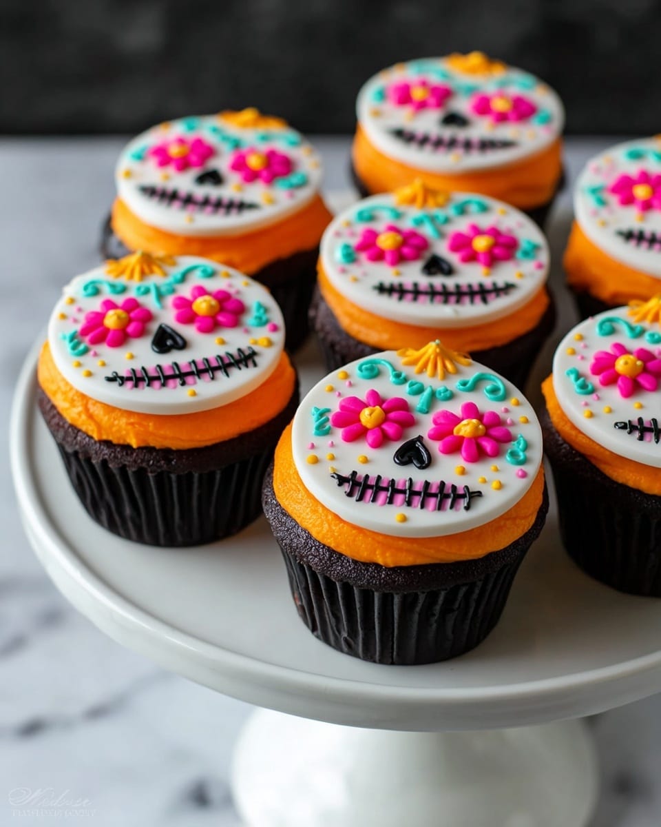 There are six cupcakes on a white cake stand with a white marbled surface in the background. Each cupcake has a black base and a smooth bright orange frosting layer. On top, there is a round white fondant disk decorated to look like a colorful sugar skull face. The skull design features two large pink flowers with yellow centers for eyes, small black and teal shapes for the nose and mouth that looks like stitched teeth, and additional small yellow and teal decorative dots and swirls. The colors are vivid and the decorations are neat and symmetrical. photo taken with an iphone --ar 4:5 --v 7