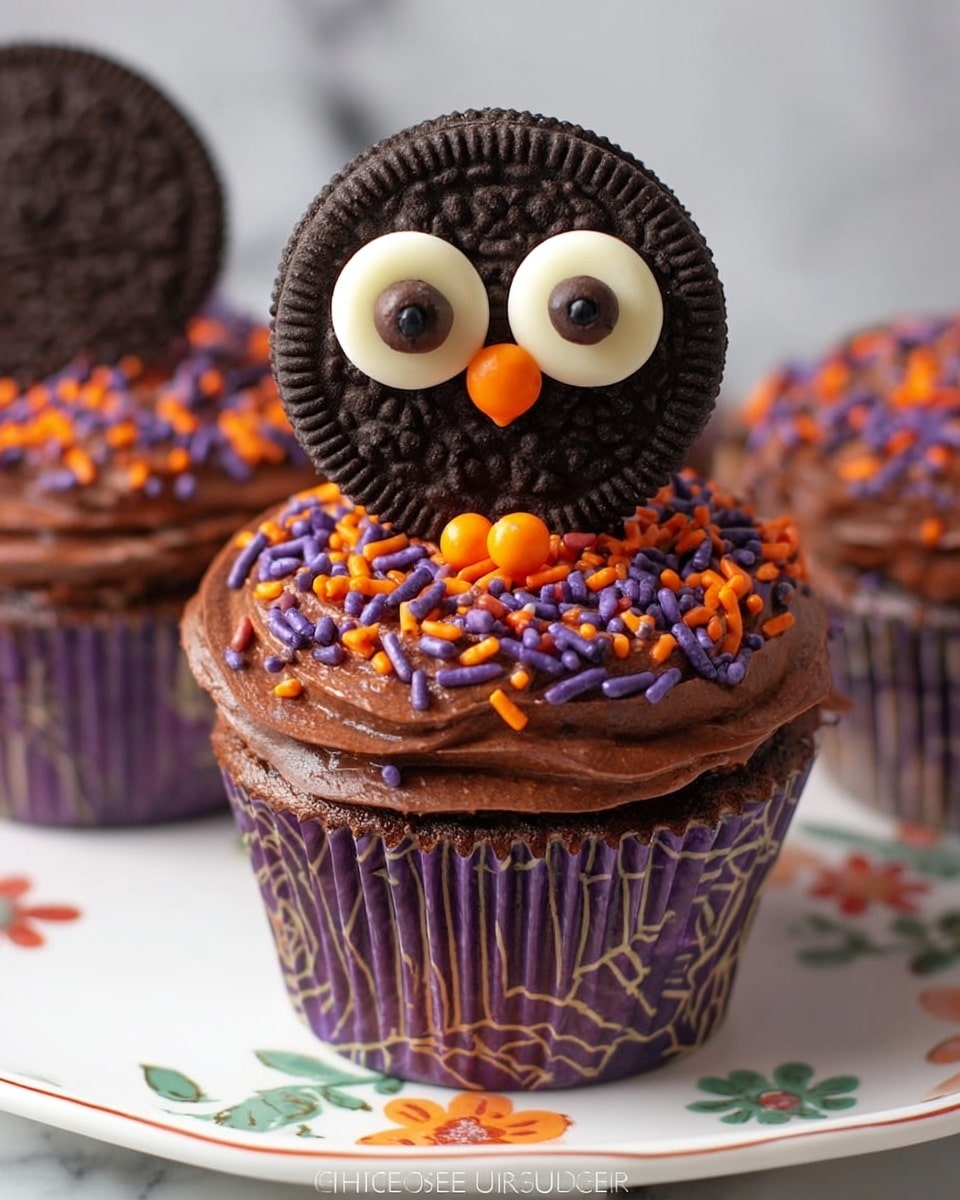 The image shows a cupcake with three main layers visually. The bottom layer is the cupcake itself in a purple and brown wrapper with a spider web design. On top is the second layer, thick chocolate frosting piped in a swirled pattern and covered with orange, purple, and black sprinkles scattered evenly. The top layer is an owl-shaped decoration made of smooth round chocolate with two Oreo cookies placed side by side to form the eyes, which are filled with white cream and topped with small dark candies for pupils. In the center below the eyes is a small orange candy representing the beak. The cupcake sits on a white plate with floral designs against a white marbled background. photo taken with an iphone --ar 4:5 --v 7