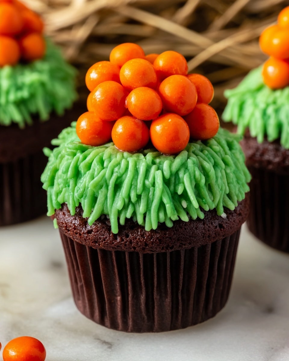 A chocolate cupcake in a dark brown liner topped with green icing that looks like grass, made with piped strands giving a textured and messy look. On top of the green icing, small smooth round orange candies are placed closely together to form a rounded shape, resembling a cluster or berry. The cupcake sits on a white marbled surface with a natural straw basket blurred in the background. Photo taken with an iphone --ar 4:5 --v 7