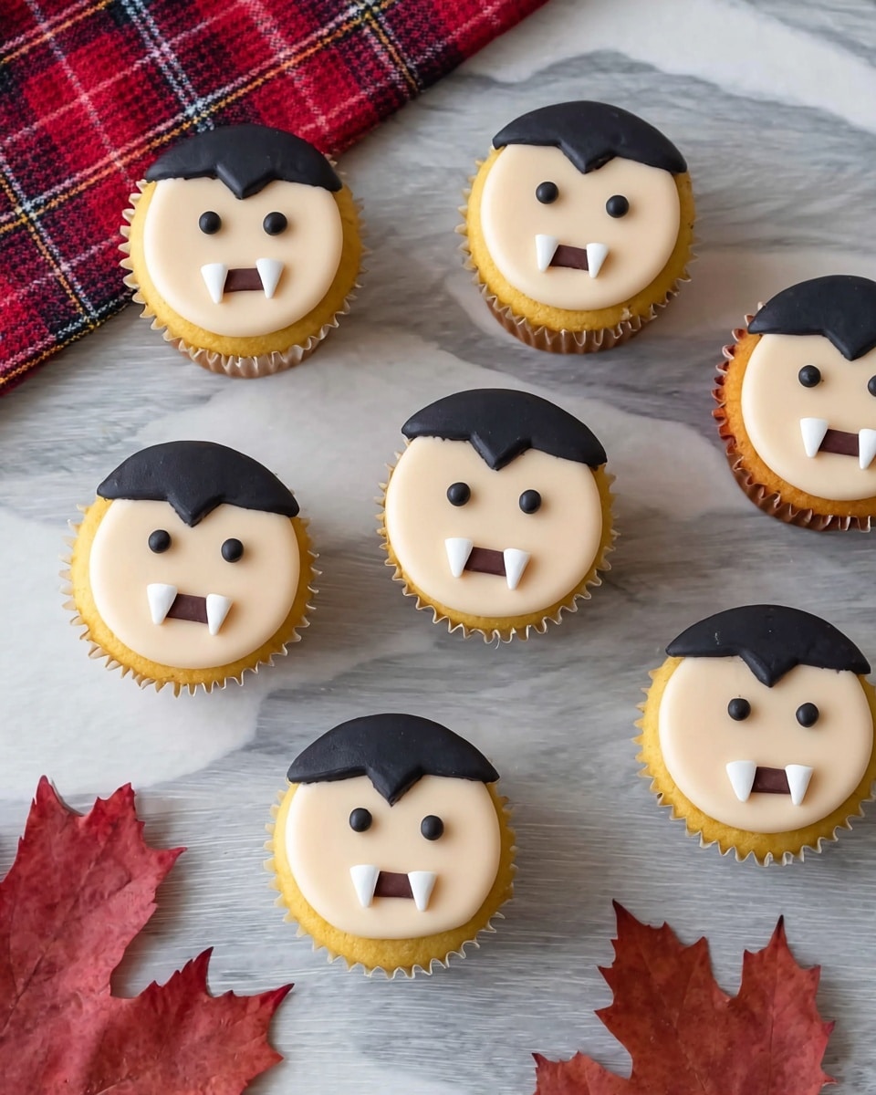 Six cupcakes are shown arranged closely on a white marbled surface, each with a pale peach-colored frosting layer covering the top. The cupcakes have a smooth black semi-circle frosting on the top part to resemble hair. Each cupcake has two small black dots for eyes and a black curved line for the mouth. Two small white pointed shapes are added below the mouth to represent vampire teeth. There is a red plaid cloth and a single green autumn leaf in the background, all soft and out of focus. Photo taken with an iphone --ar 4:5 --v 7