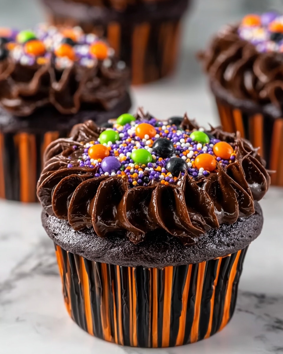 Three chocolate cupcakes sit on a white marbled surface, each wrapped in orange and black striped liners. Each cupcake has a thick layer of dark brown chocolate frosting piped in large, rounded swirls around the edge. The center of the frosting is filled with colorful sprinkles in purple, orange, green, black, and white, adding brightness and texture on top. The cupcakes are arranged in a soft triangle, with the closest one in sharp focus and the others slightly blurred behind. Photo taken with an iphone --ar 4:5 --v 7