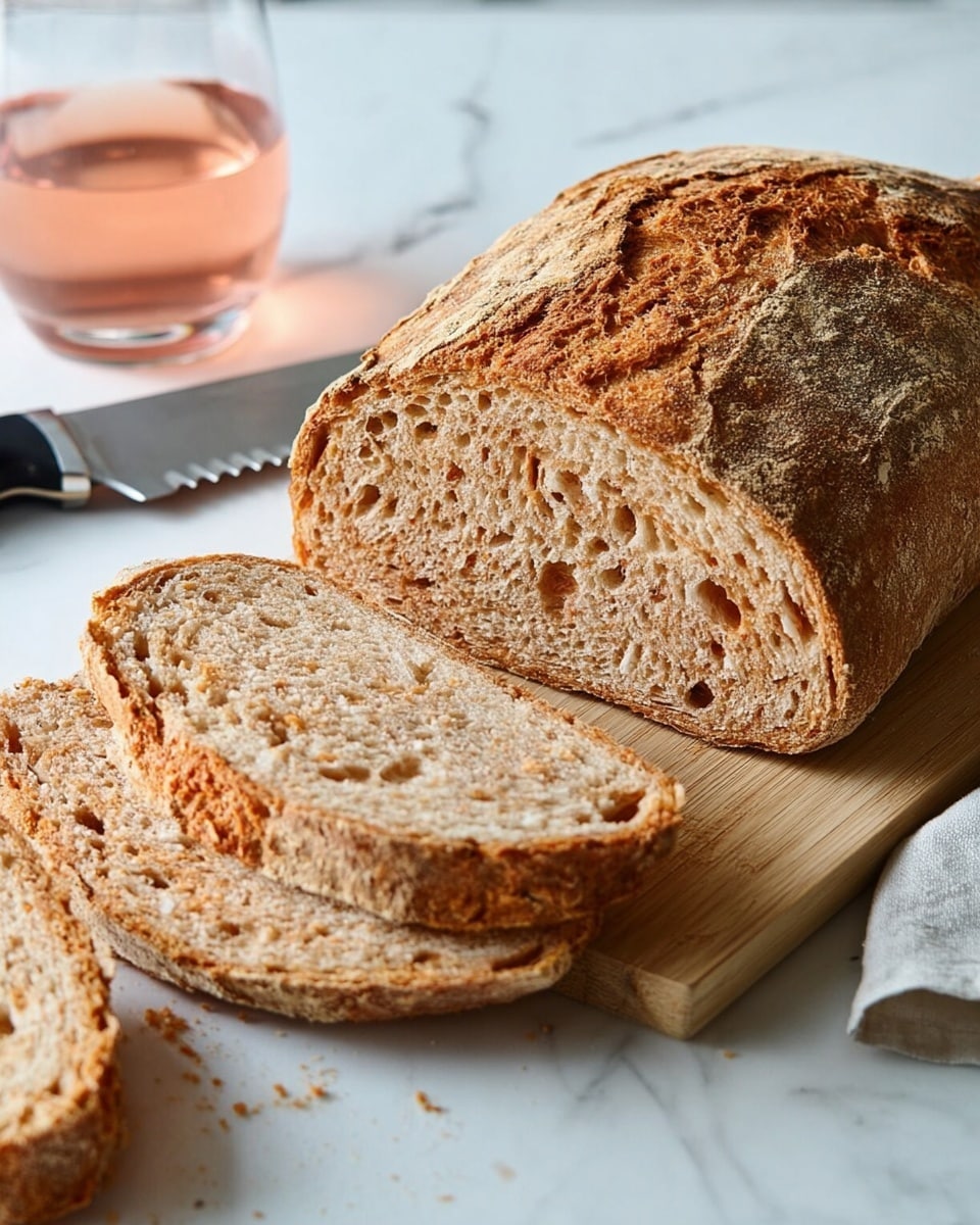 A loaf of light brown bread with a slightly rough texture is placed on a light wooden board. Two slices are cut from the front end of the loaf, showing a soft and airy inside with small uneven holes and bits of herbs or seasoning mixed in. One slice lies flat on the board closer to the viewer, while the other stands upright leaning against the loaf. A large black-handled knife rests on the right edge of the board. In the blurred background, there is a glass of light pink liquid and a light beige cloth, all set on a white marbled surface. Photo taken with an iphone --ar 4:5 --v 7