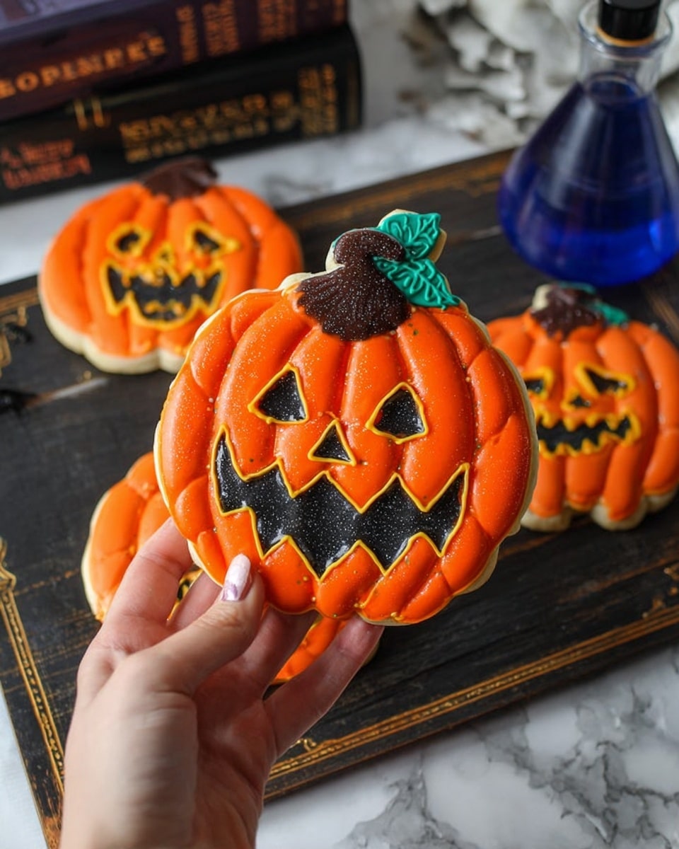 A woman's hand holds a large pumpkin-shaped cookie with three-dimensional orange icing shaped like jagged ridges that form the pumpkin segments. The carved eyes and mouth are recessed and filled with shiny yellow and white glittery icing, giving a glowing effect. At the top, the pumpkin’s stem is decorated with dark brown icing and a small green leaf. In the background, more pumpkin cookies with bright orange icing and detailed facial features rest on a dark board over a white marbled surface. There is a blue potion bottle and stacked old books with titles related to horror visible blurred behind the cookies. Photo taken with an iphone --ar 4:5 --v 7