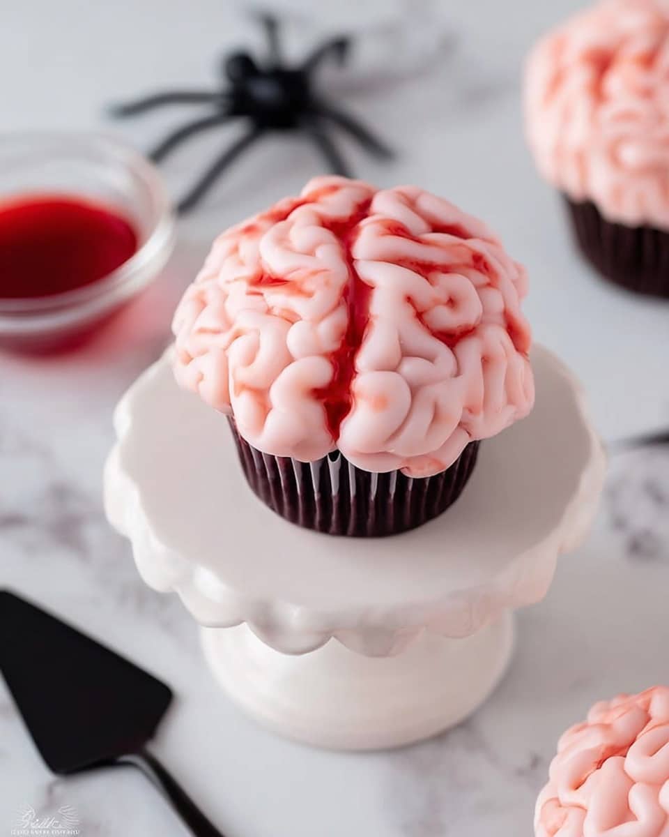 The image shows seven cupcakes arranged on a white plate placed on a white marbled surface. Each cupcake has one layer of pink frosting shaped to look like brain folds, with a detailed texture of swirls and ridges all over the top. Two of the cupcakes have a small black plastic spider on top, adding a spooky detail. The pink frosting also has red streaks resembling blood splatters on a few cupcakes. In the top left corner, there is a cup filled with a dark liquid. The overall look is creative and themed for Halloween, showing a mix of soft pink colors with sharp black and red details. Photo taken with an iphone --ar 4:5 --v 7