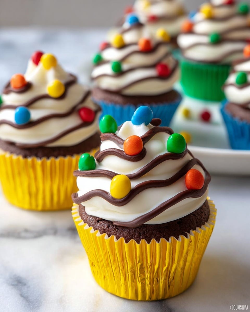 A chocolate cupcake in a shiny gold wrapper sits on a white marbled surface. It has three thick swirls of smooth white frosting stacked on top, decorated with thin dark chocolate lines going around each swirl. Bright small round candy pieces in red, blue, green, yellow, and orange are placed on the frosting layers at uneven spots. Other cupcakes with similar designs are blurred in the background. Photo taken with an iphone --ar 4:5 --v 7
